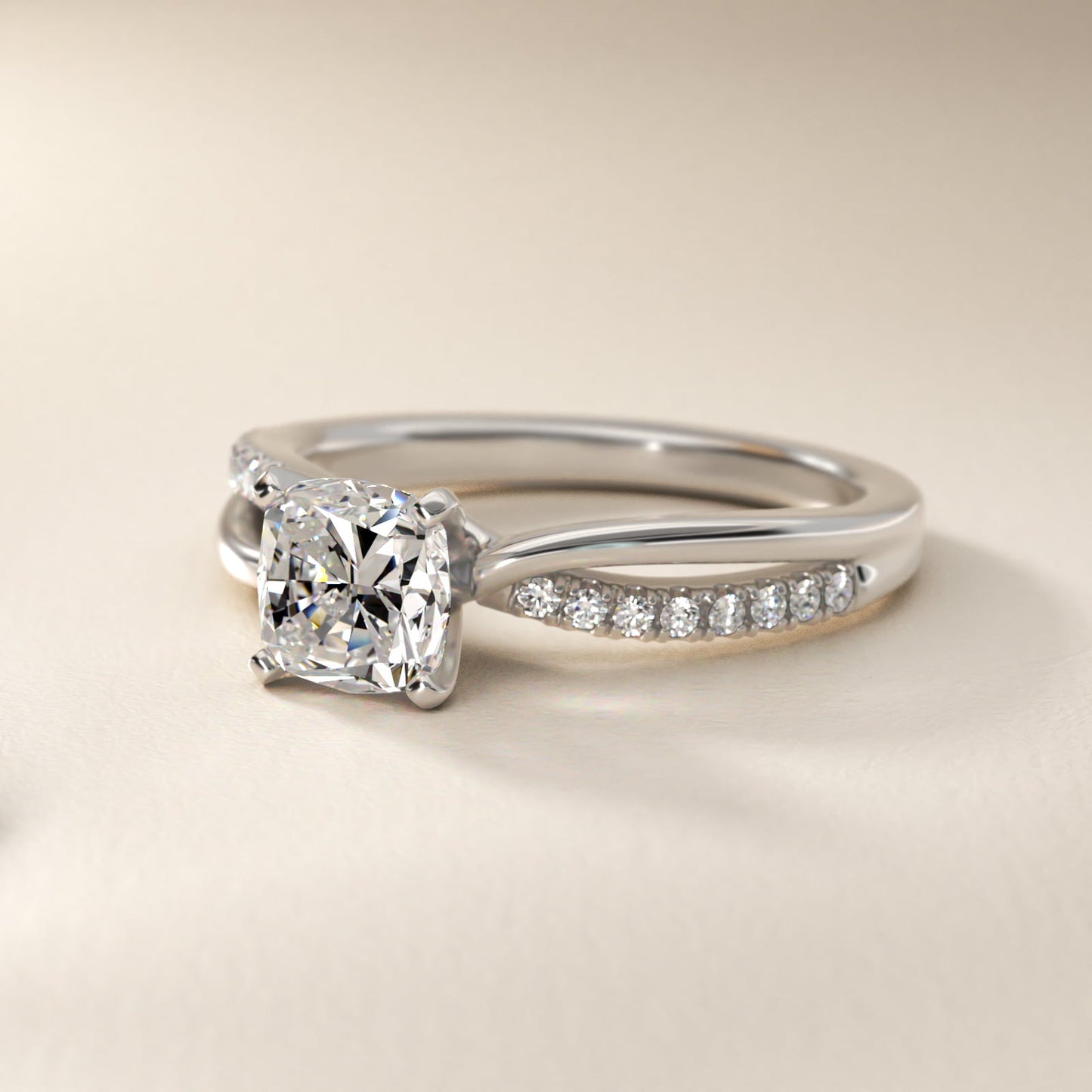Split Shank Pav? and Plain Shank Diamond Engagement Ring in 18k White Gold (1/10 ct. tw.) - Cushion Center