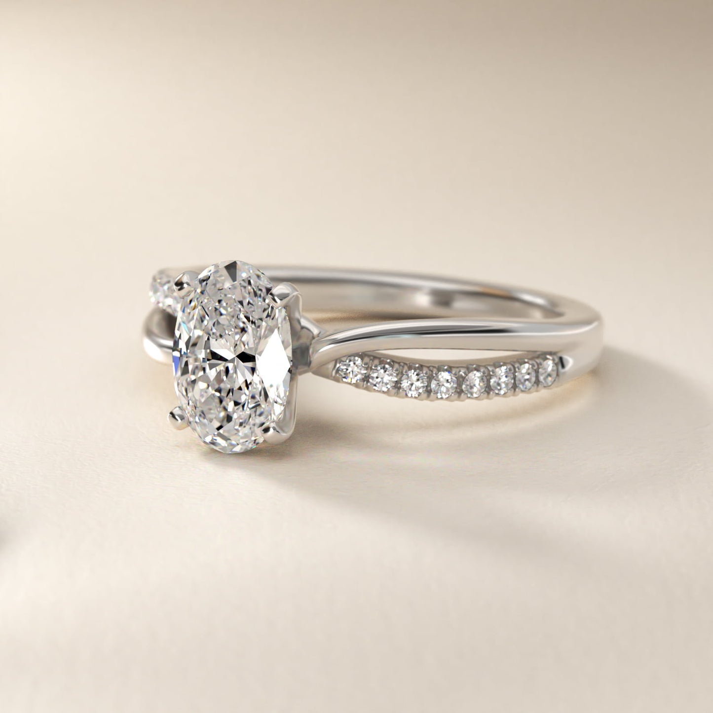 Split Shank Pav? and Plain Shank Diamond Engagement Ring in 18k White Gold (1/10 ct. tw.) - Oval Center