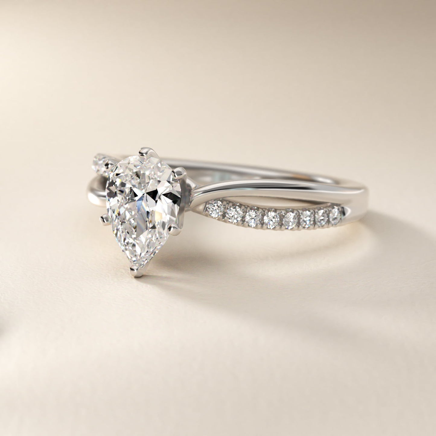 Split Shank Pav? and Plain Shank Diamond Engagement Ring in 18k White Gold (1/10 ct. tw.) - Pear Center