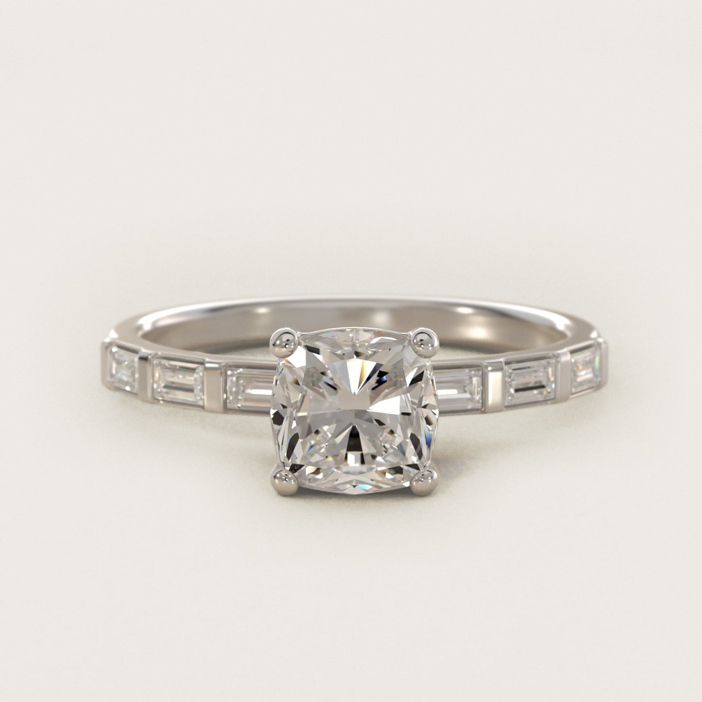 Straight Baguette Row Side Stone Diamond Engagement Ring In 14K White Gold By James Allen - Cushion Center