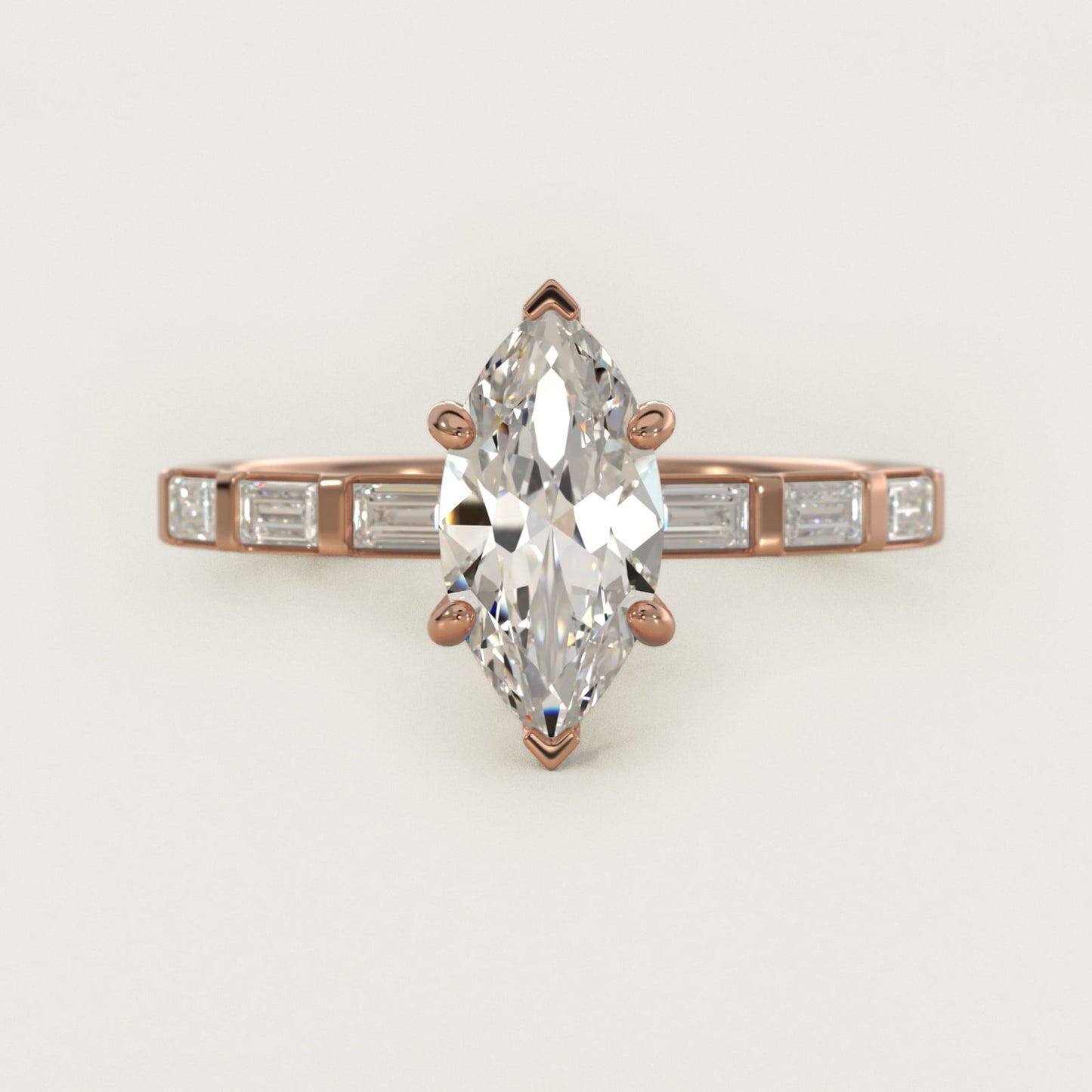 Straight Baguette Row Side Stone Diamond Engagement Ring In 18k Rose Gold By James Allen - Marquise Center