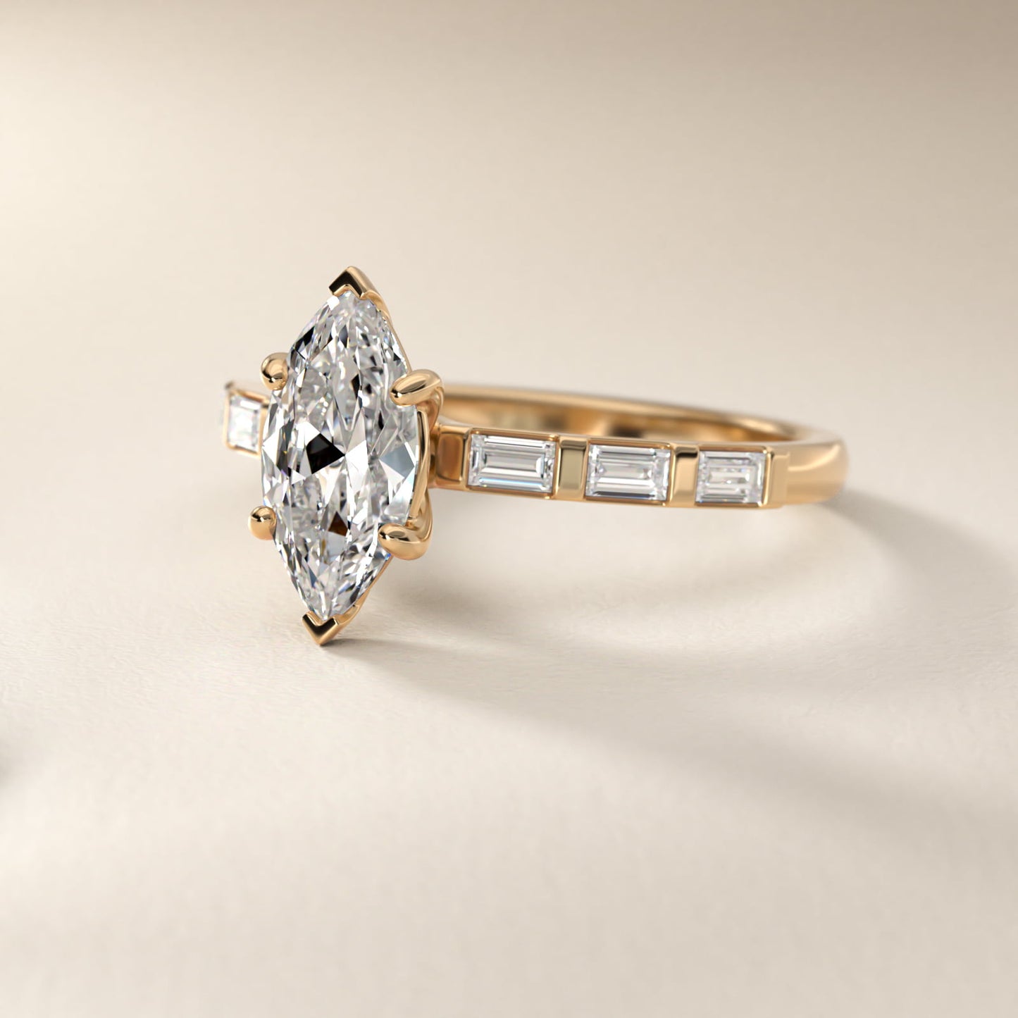 Straight Baguette Row Side Stone Diamond Engagement Ring In 14K Yellow Gold By James Allen - Marquise Center