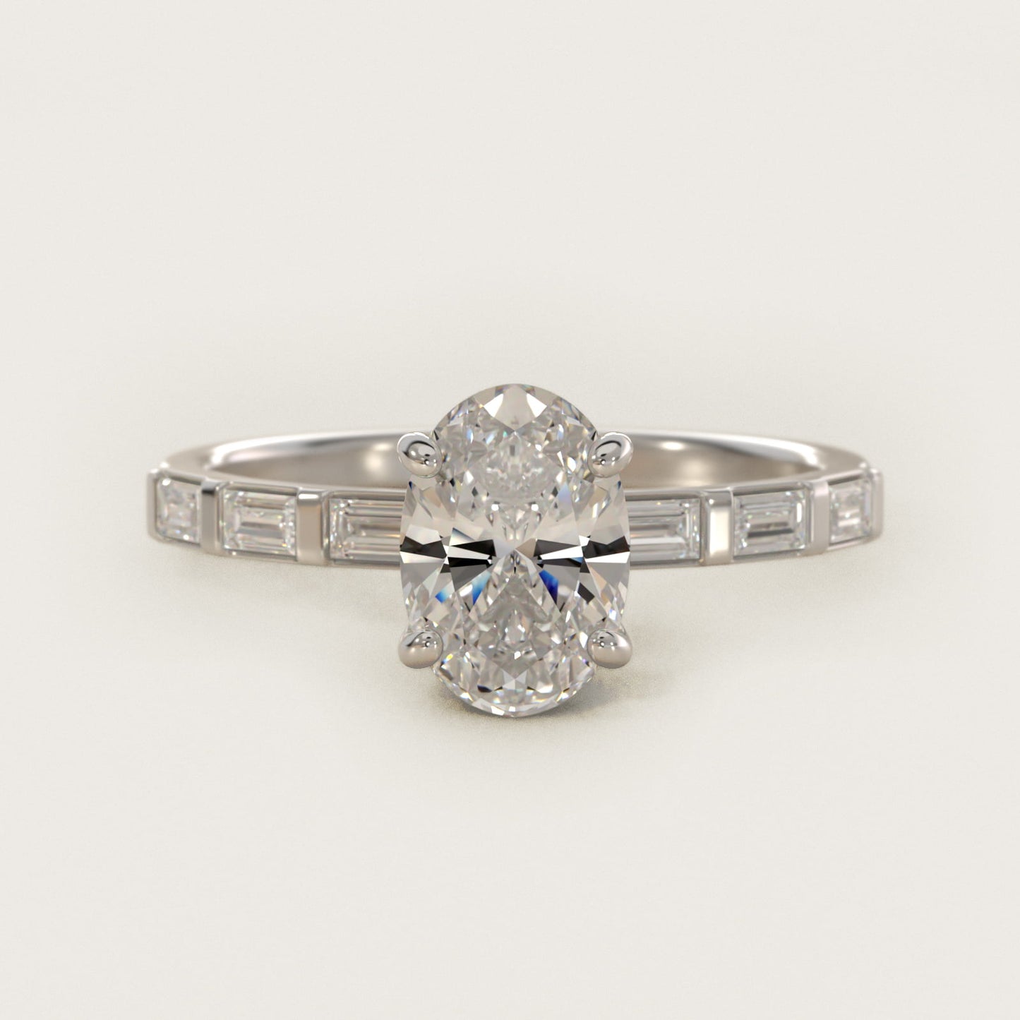 Straight Baguette Row Side Stone Diamond Engagement Ring In 18k White Gold By James Allen - Oval Center