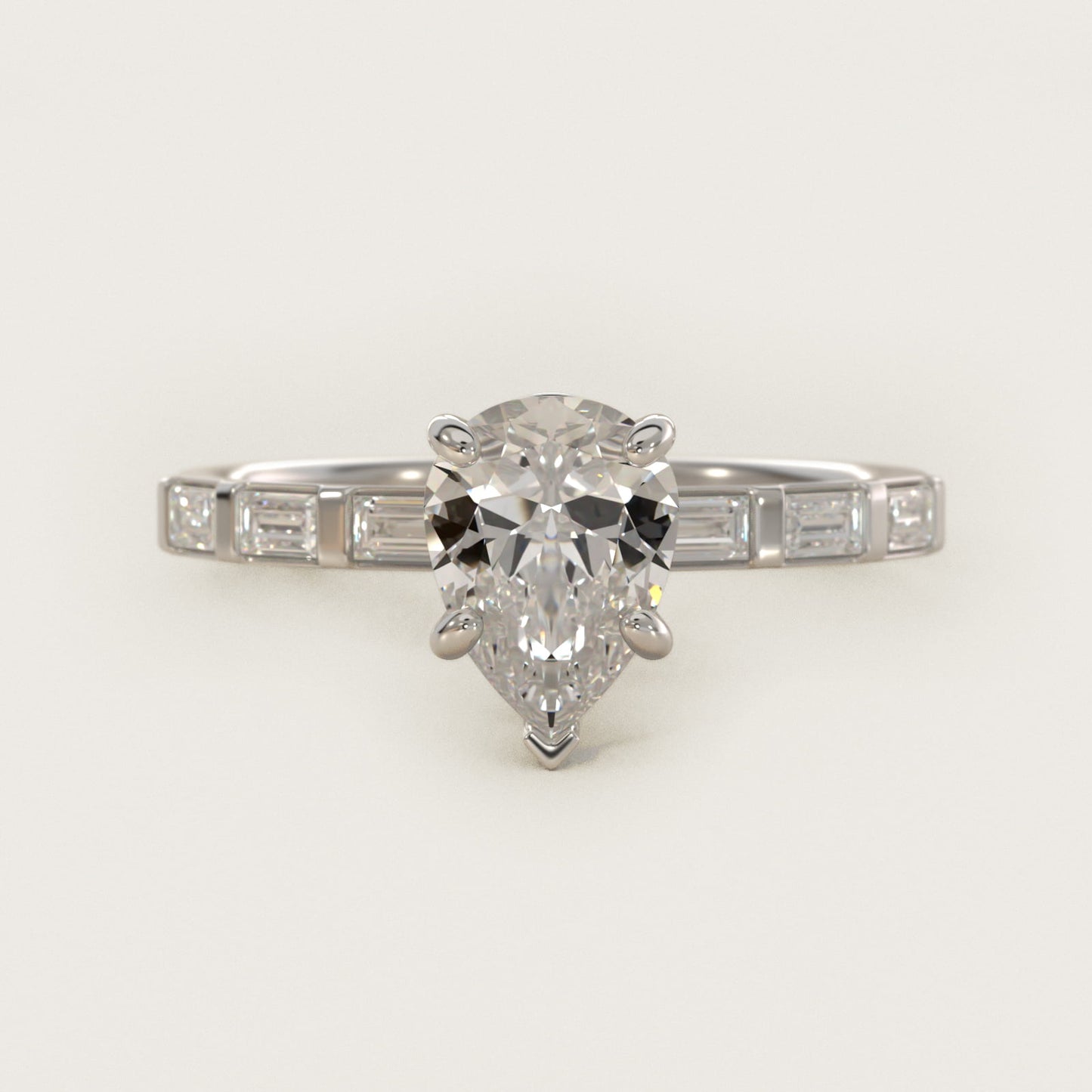 Straight Baguette Row Side Stone Diamond Engagement Ring In 14K White Gold By James Allen - Pear Center