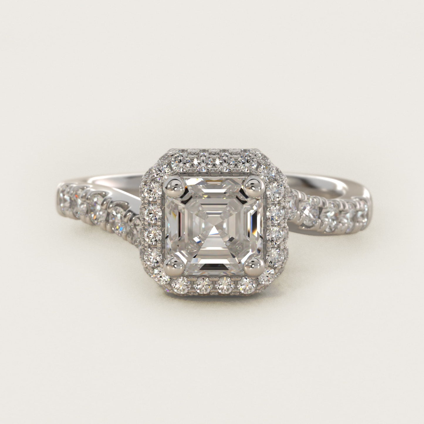 Swirl Rollover Halo Diamond Engagement Ring in 18k White Gold - Asscher Center