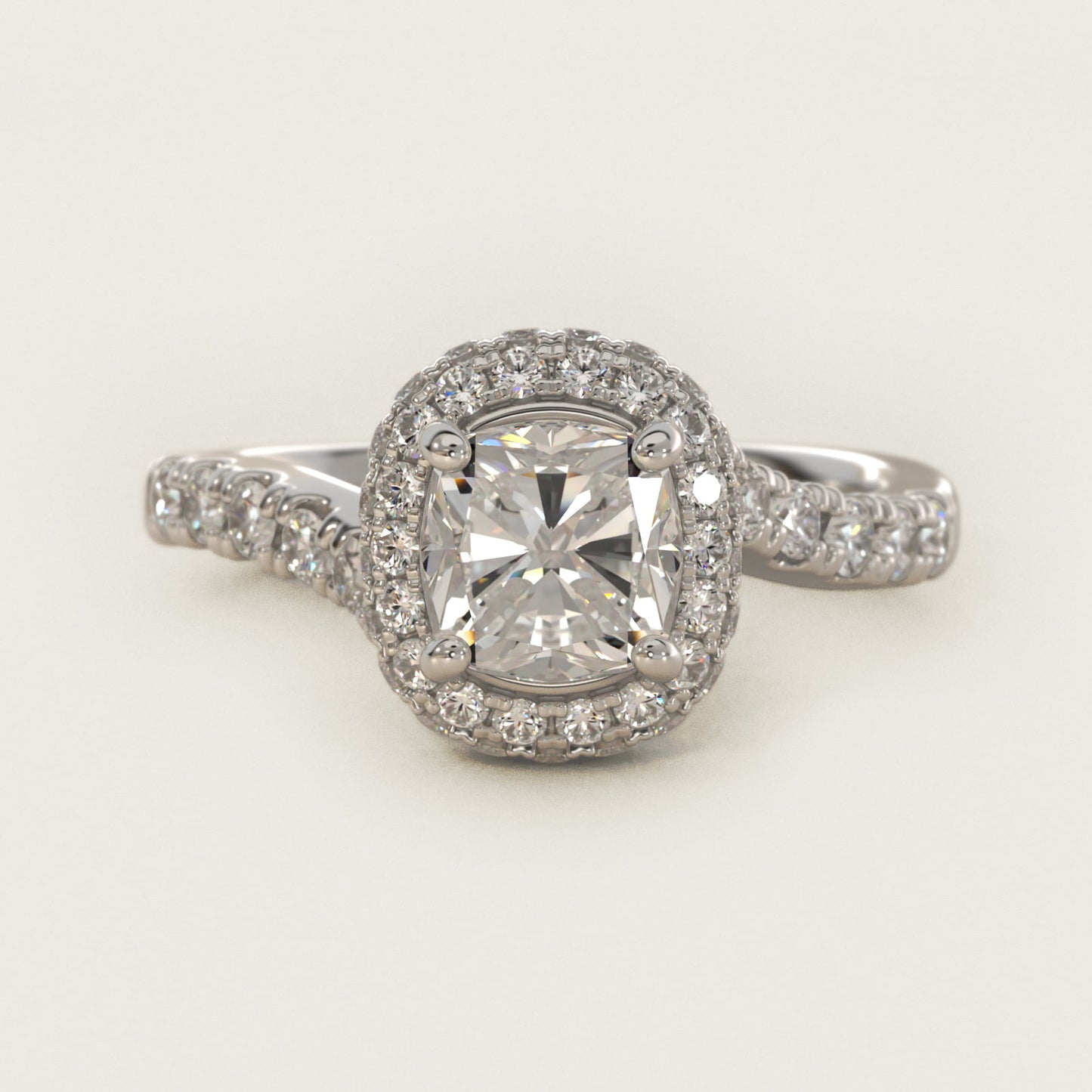 Swirl Rollover Halo Diamond Engagement Ring in 14k White Gold - Cushion Center