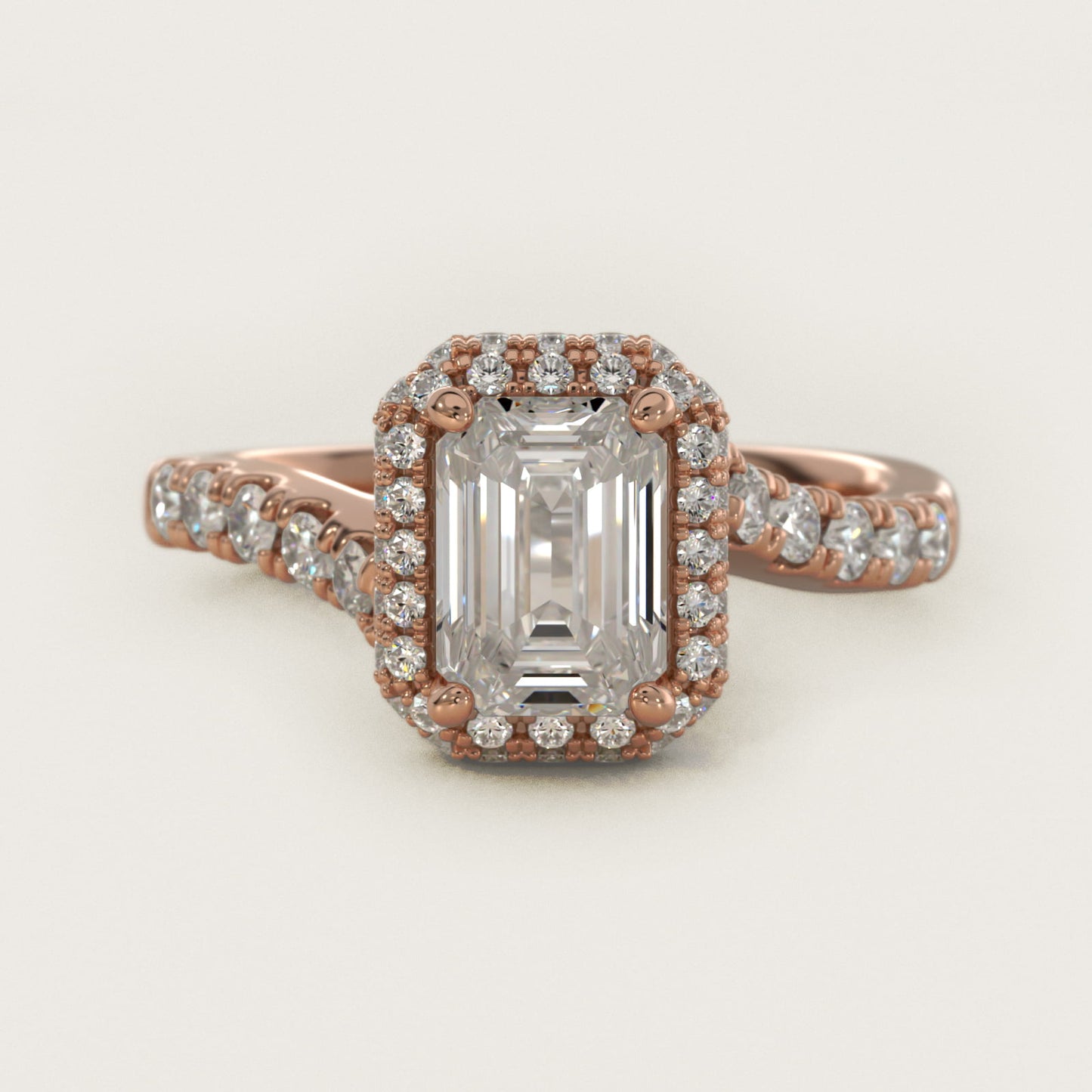 Swirl Rollover Halo Diamond Engagement Ring in 14k Rose Gold - Emerald Center