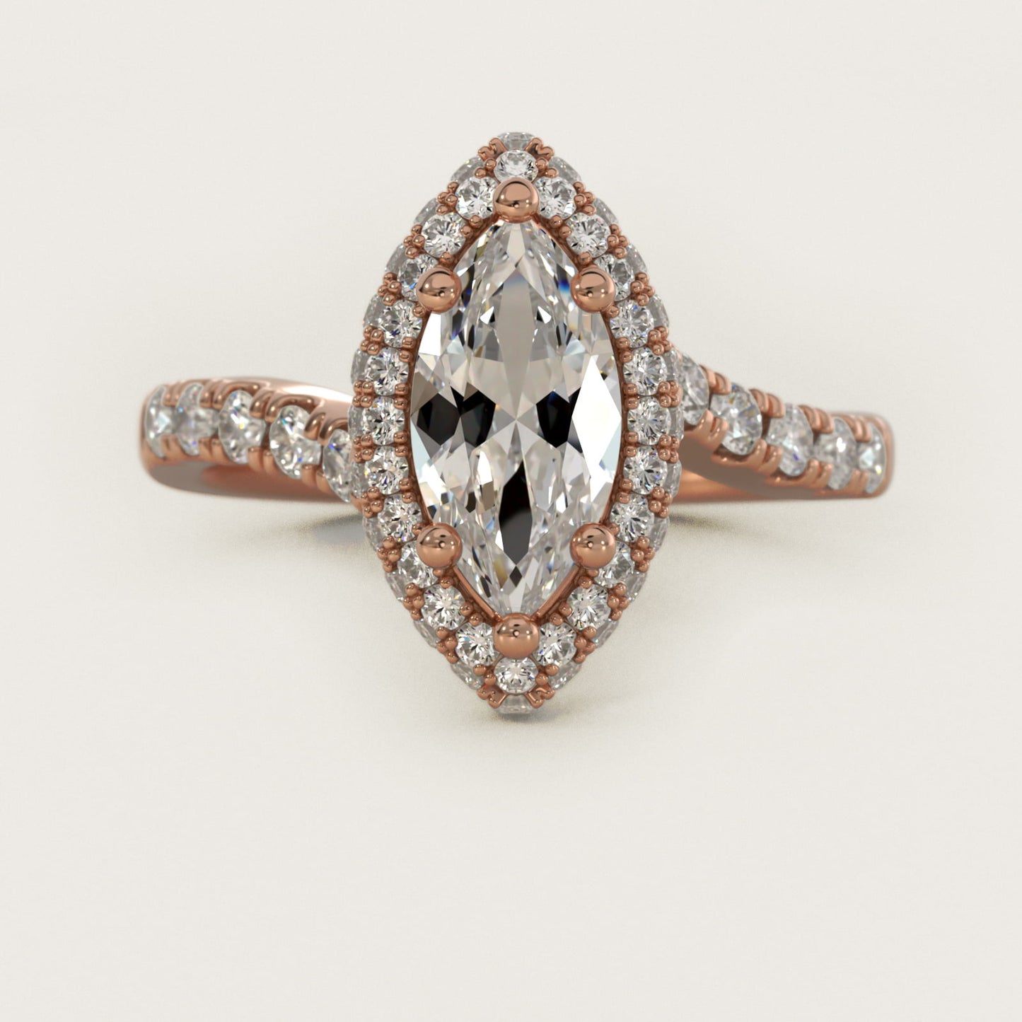 Swirl Rollover Halo Diamond Engagement Ring in 14k Rose Gold - Marquise Center