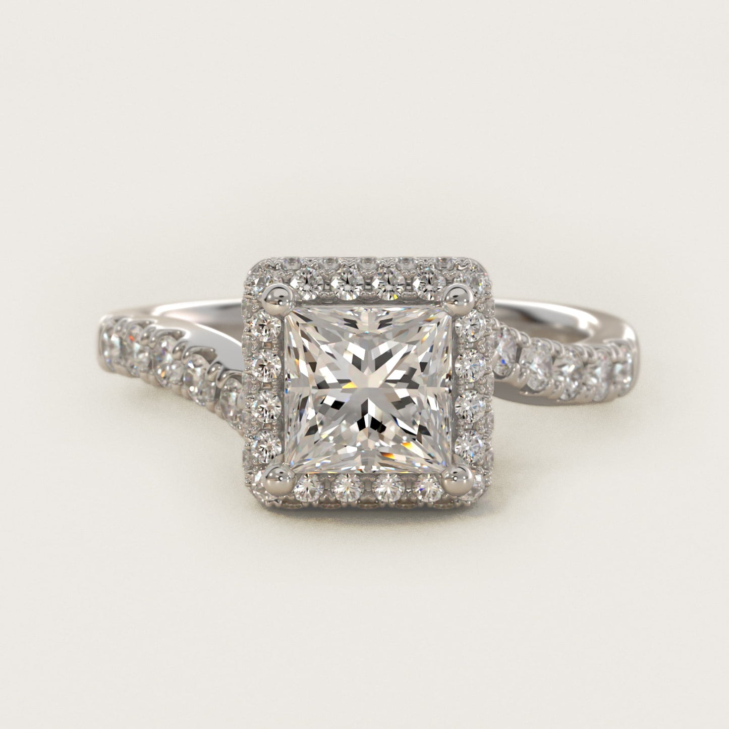 Swirl Rollover Halo Diamond Engagement Ring in 14k White Gold - Princess Center