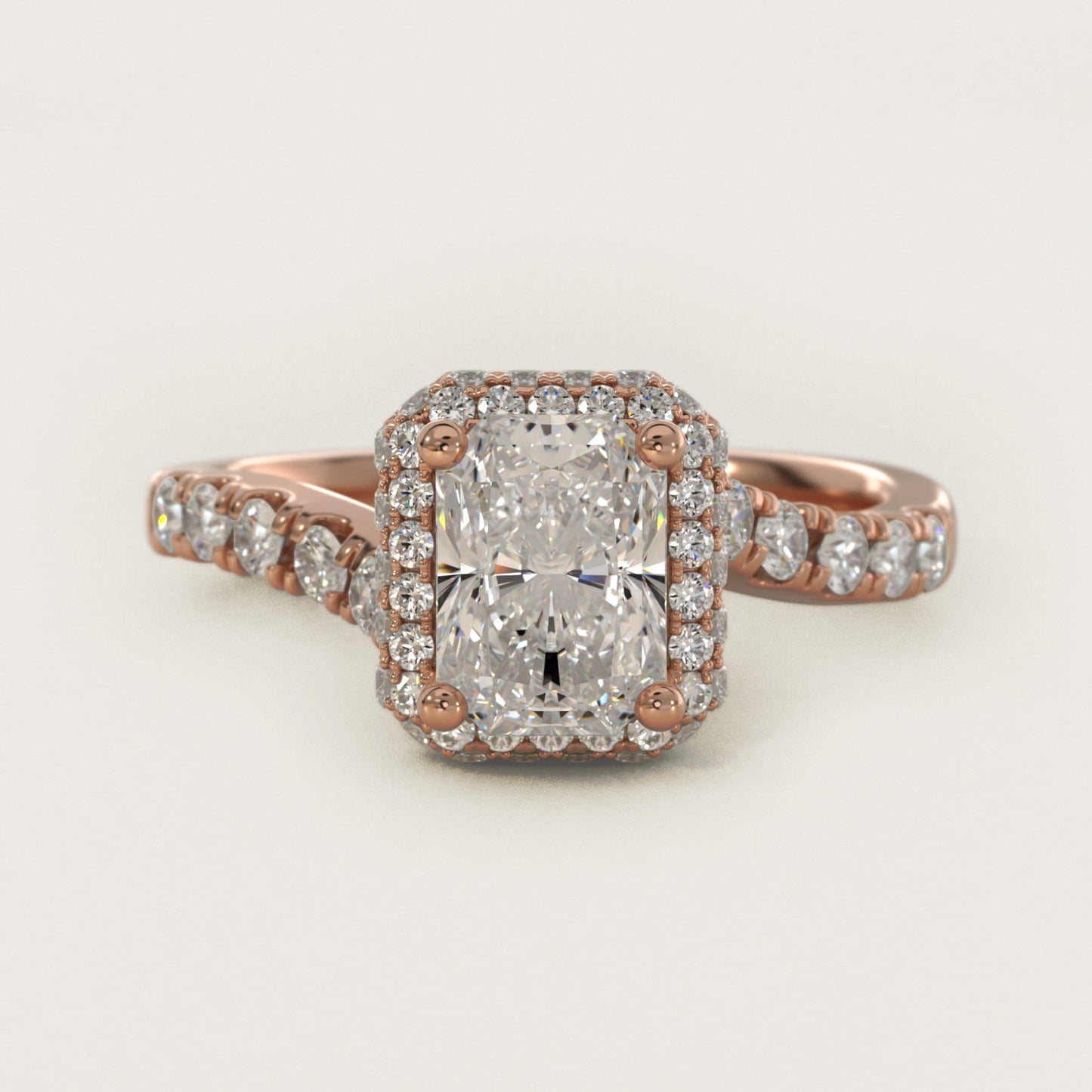 Swirl Rollover Halo Diamond Engagement Ring in 18k Rose Gold - Radiant Center