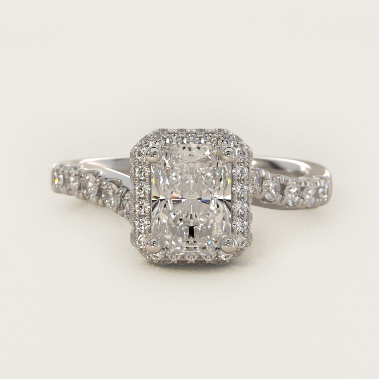 Swirl Rollover Halo Diamond Engagement Ring in Platinum - Radiant Center