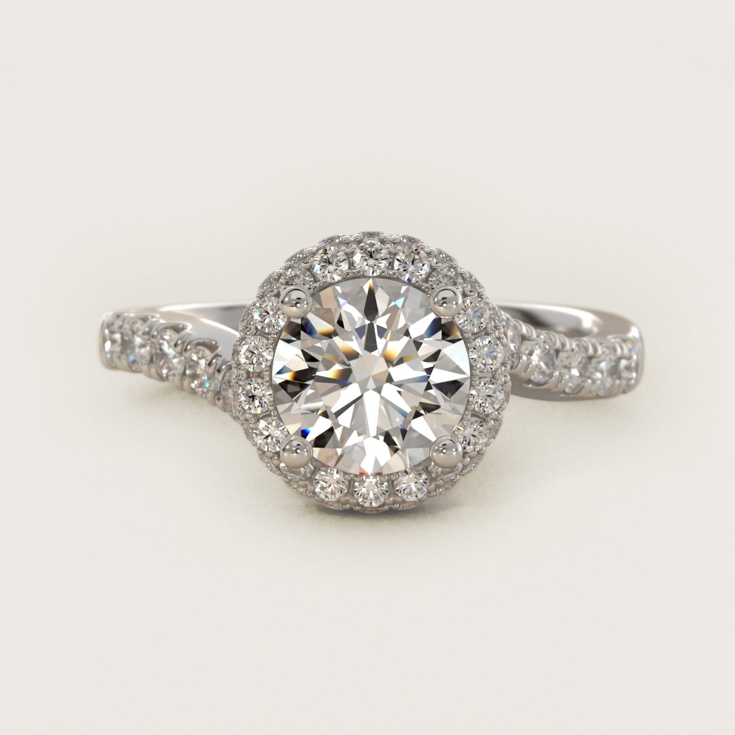 Swirl Rollover Halo Diamond Engagement Ring in 18k White Gold - Round Center