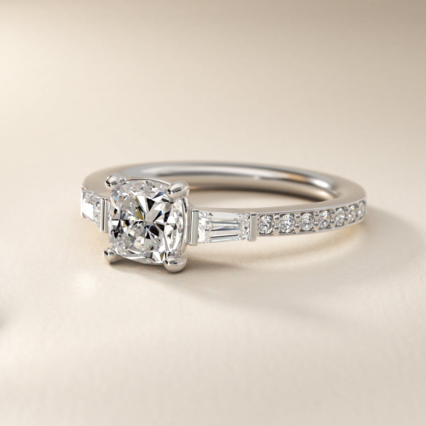 Tapered Baguette Diamond Cathedral Engagement Ring in Platinum (1/3 ct. tw.) - Cushion Center