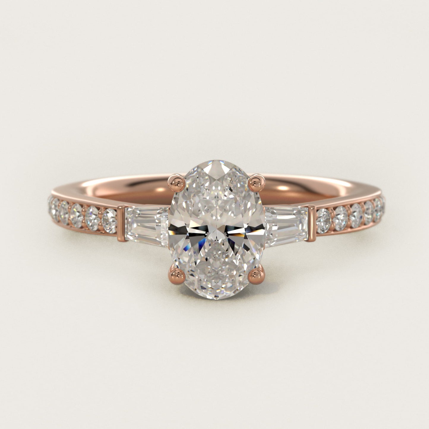 Tapered Baguette Diamond Cathedral Engagement Ring in 18k Rose Gold (1/3 ct. tw.) - Oval Center
