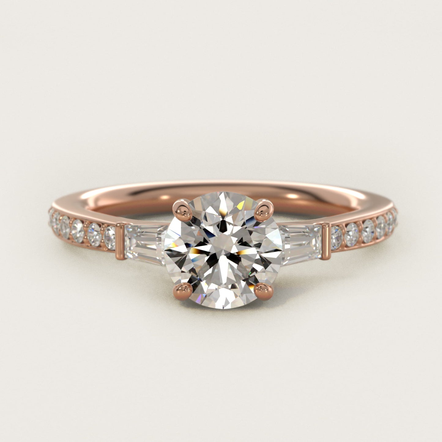 Tapered Baguette Diamond Cathedral Engagement Ring in 14k Rose Gold (1/3 ct. tw.) - Round Center