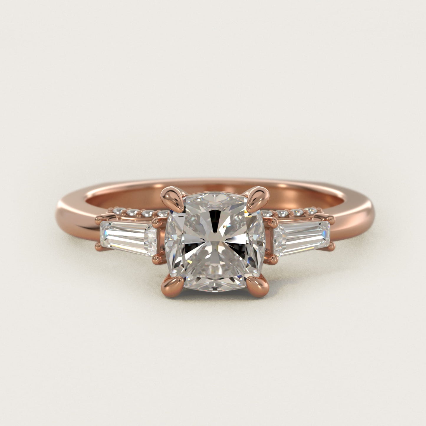 Tapered Baguette Three Stone Engagement Ring in 18k Rose Gold (0.24 ct. tw.) By Bella Vaughan - Cushion Center