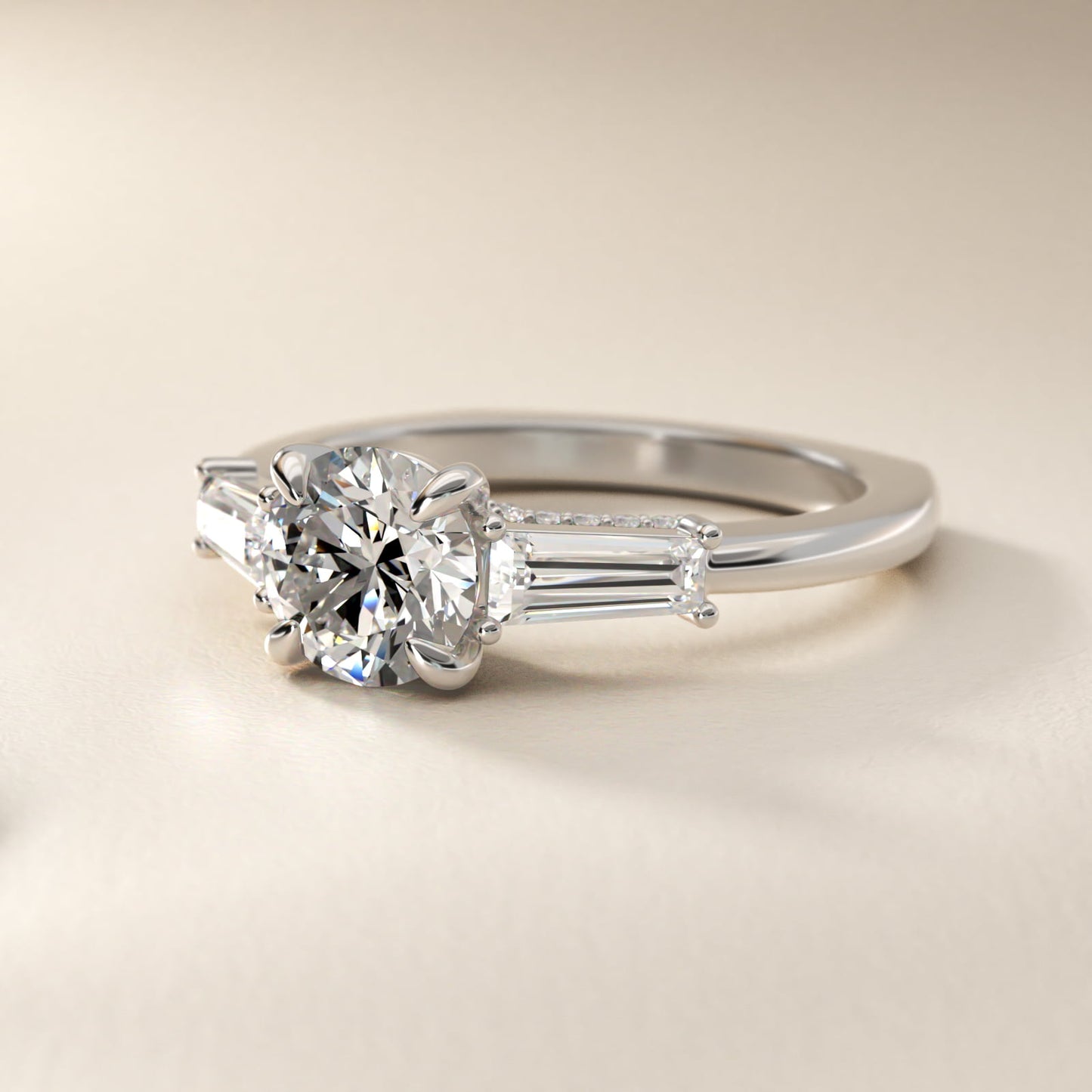Tapered Baguette Three Stone Engagement Ring in 18K White Gold (1/2 ct. tw.) By Bella Vaughan - Round Center