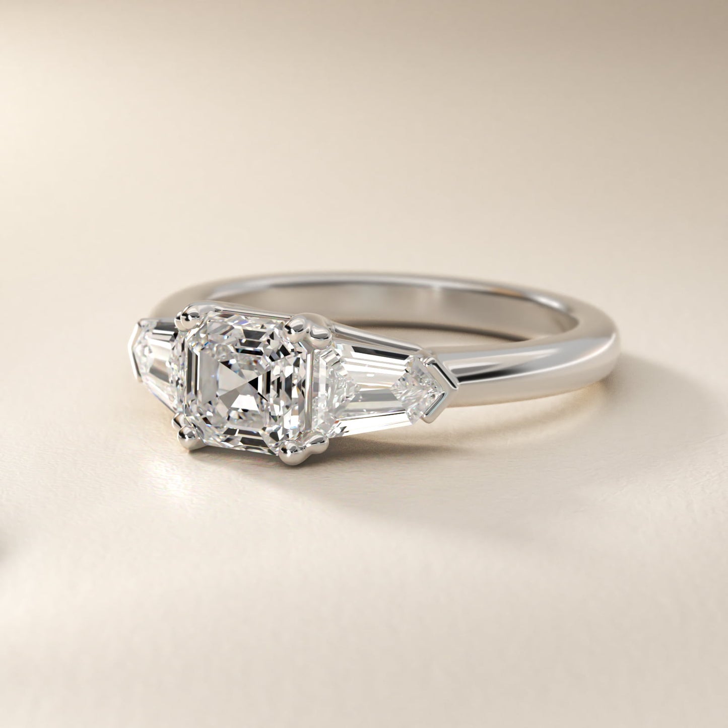 Tapered Bullet Diamond Engagement Ring in 18k White Gold - Asscher Center