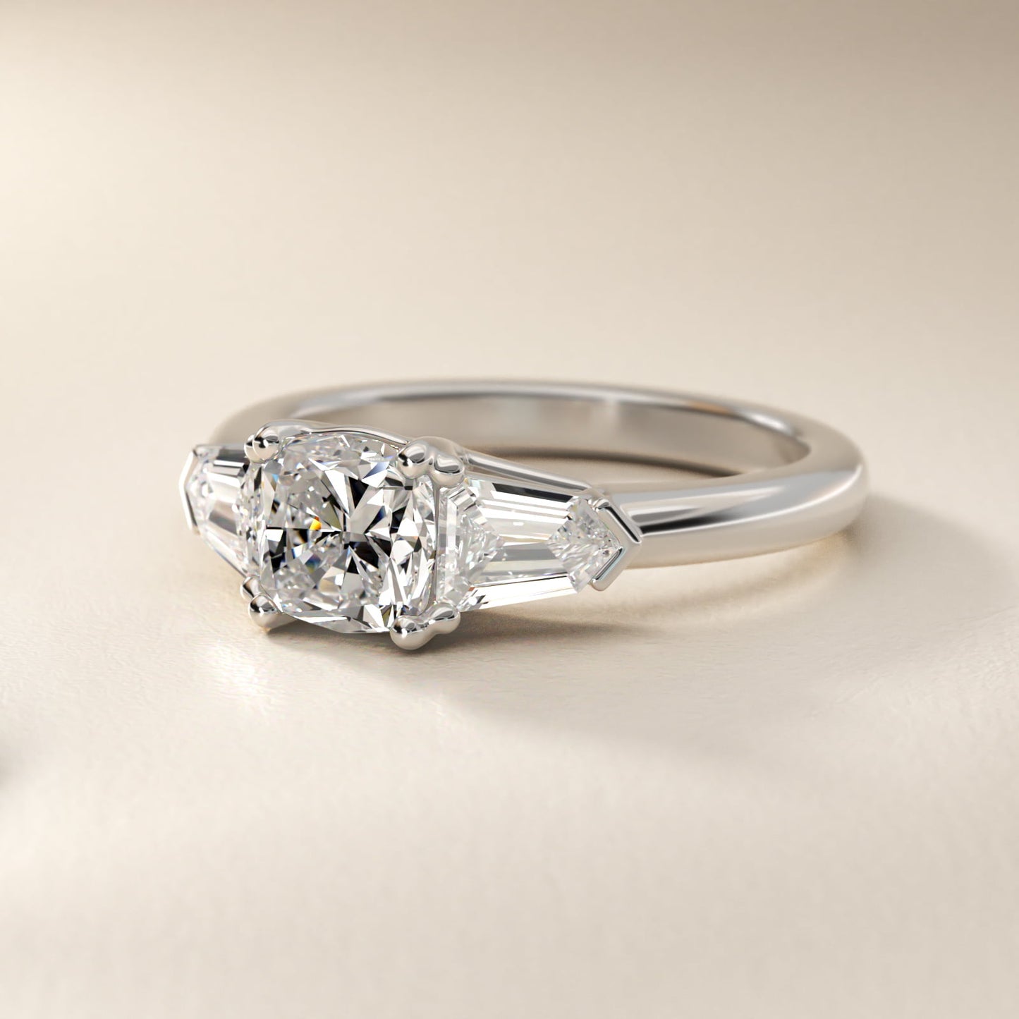 Tapered Bullet Diamond Engagement Ring in 18k White Gold - Cushion Center