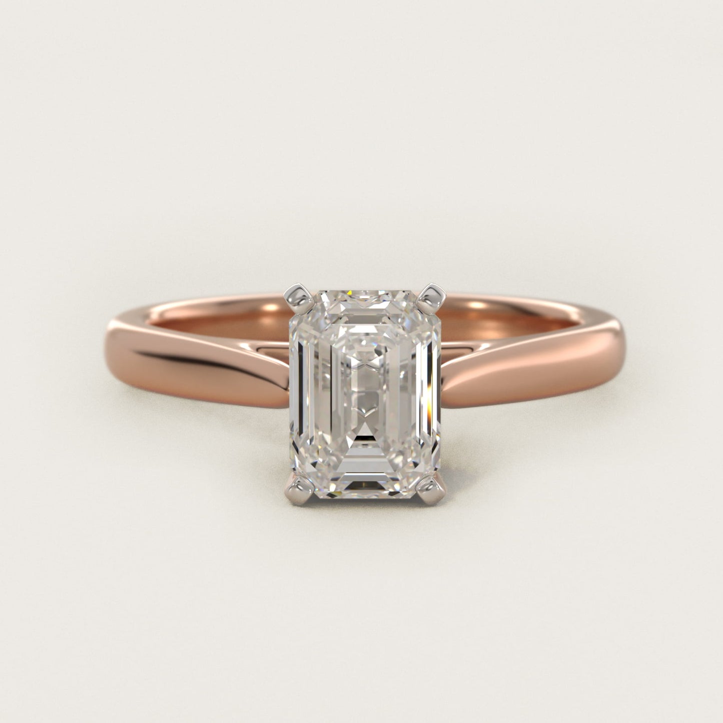 Tapered Cathedral Solitaire Engagement Ring in 14k Rose Gold - Emerald Center