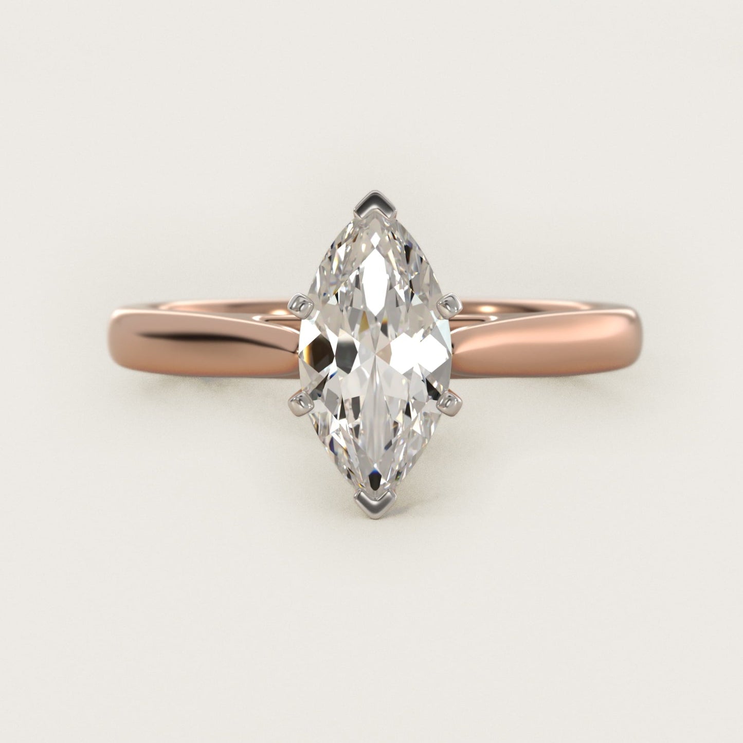 Tapered Cathedral Solitaire Engagement Ring in 18k Rose Gold - Marquise Center