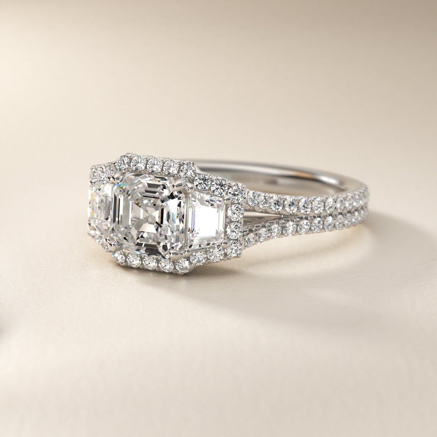 The Gallery Collection™ Emerald Three Stone Halo Diamond Engagement Ring in 18k White Gold (1.50 ct. tw.) - Asscher Center