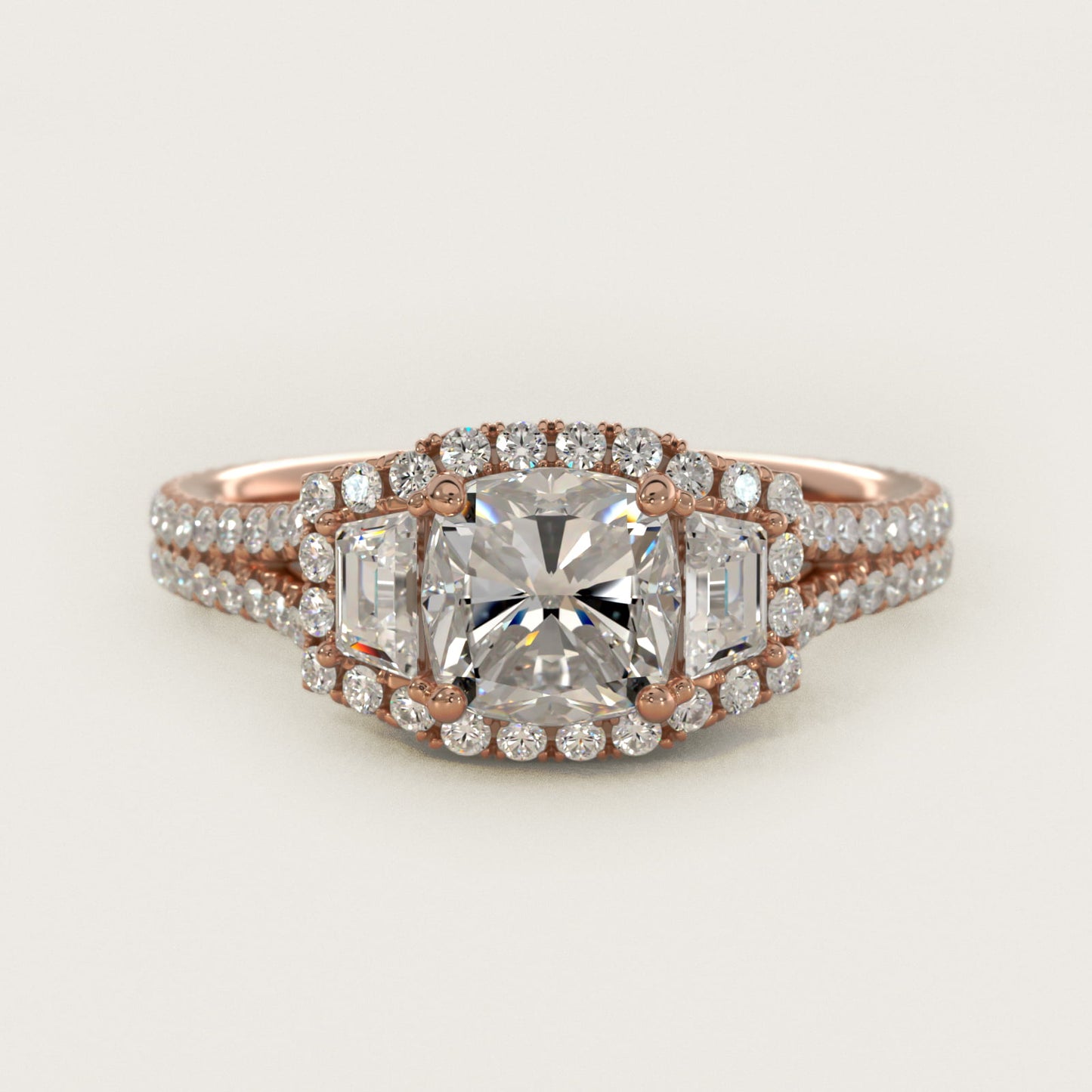 The Gallery Collection™ Emerald Three Stone Halo Diamond Engagement Ring in 18k Rose Gold (1.50 ct. tw.) - Cushion Center