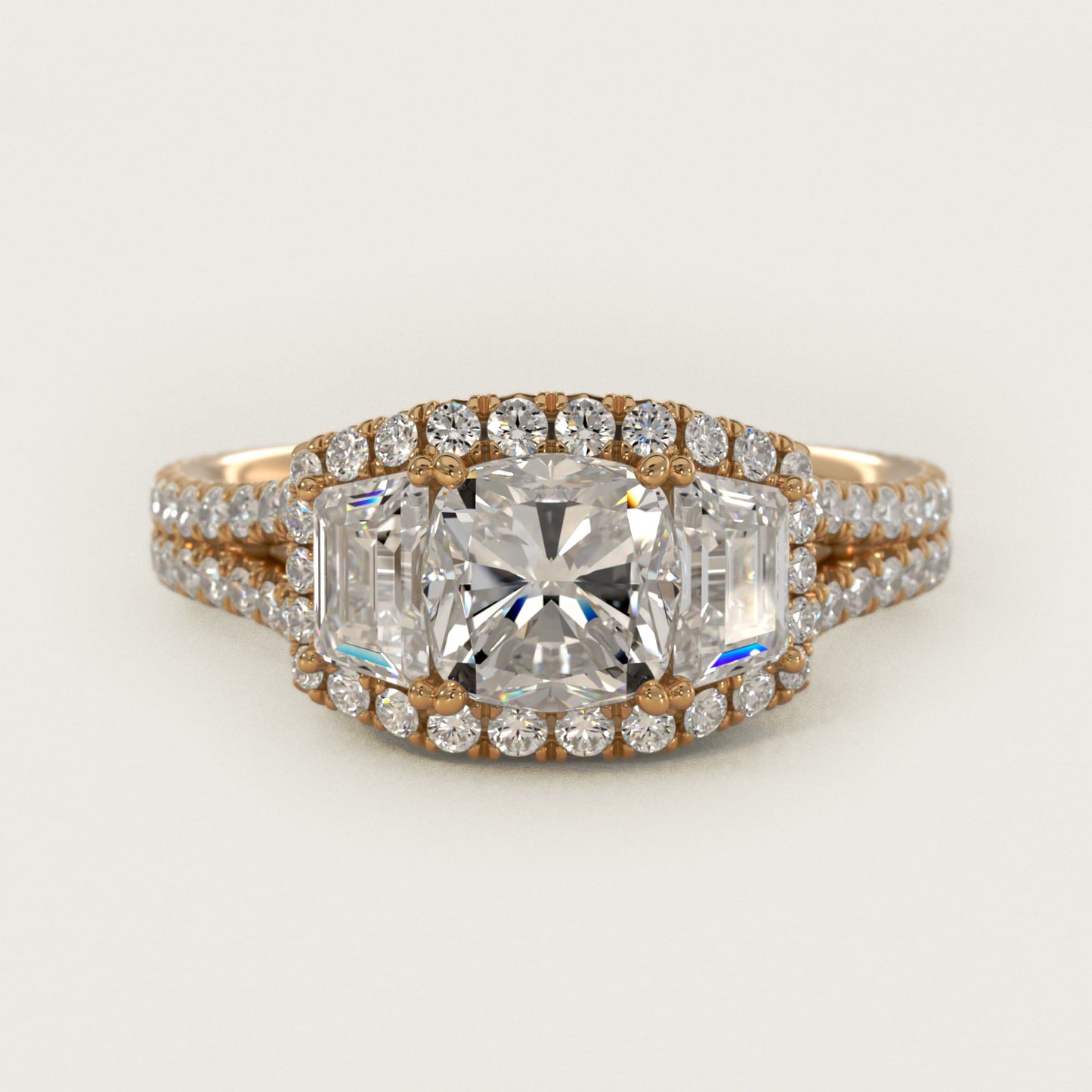 The Gallery Collection™ Vintage Three Stone Trapezoid Diamond Engagement Ring 14k Yellow Gold - Cushion Center