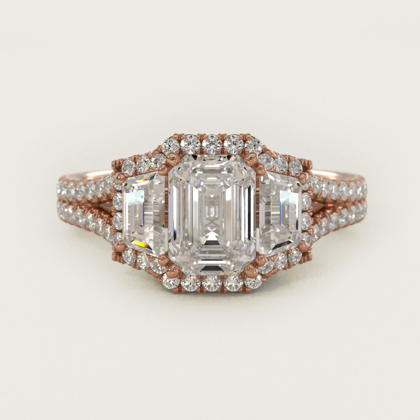 The Gallery Collection™ Vintage Three Stone Trapezoid Diamond Engagement Ring 18k Rose Gold - Emerald Center