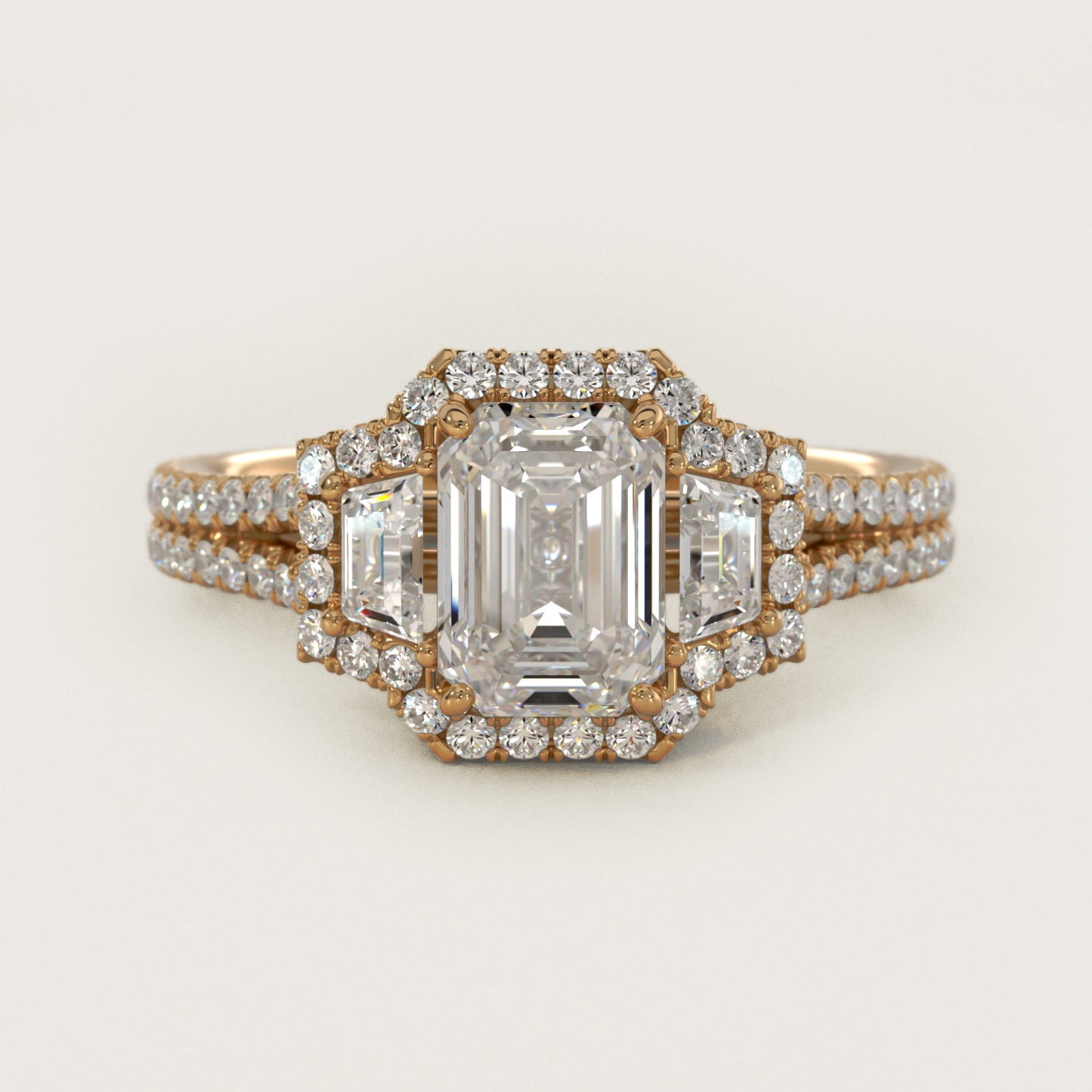 The Gallery Collection™ Emerald Three Stone Halo Diamond Engagement Ring in 18k Yellow Gold (1.50 ct. tw.) - Emerald Center