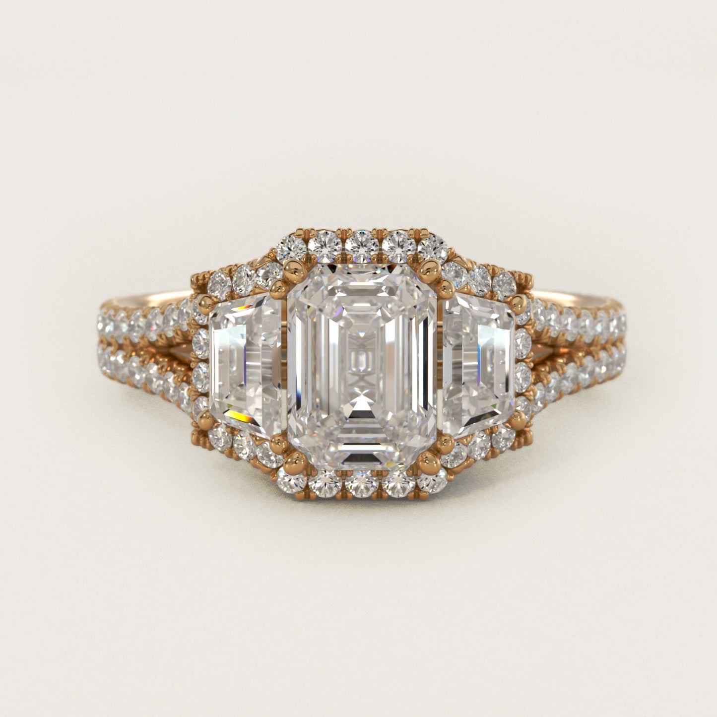 The Gallery Collection™ Vintage Three Stone Trapezoid Diamond Engagement Ring 18k Yellow Gold - Emerald Center