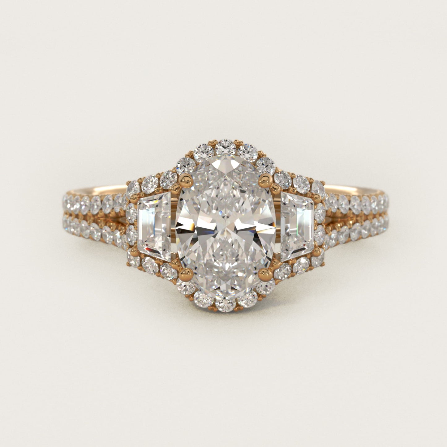 The Gallery Collection™ Emerald Three Stone Halo Diamond Engagement Ring in 18k Yellow Gold (1.50 ct. tw.) - Oval Center
