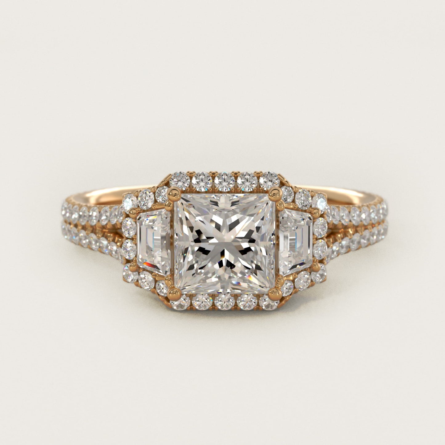 The Gallery Collection™ Emerald Three Stone Halo Diamond Engagement Ring in 18k Yellow Gold (1.50 ct. tw.) - Princess Center