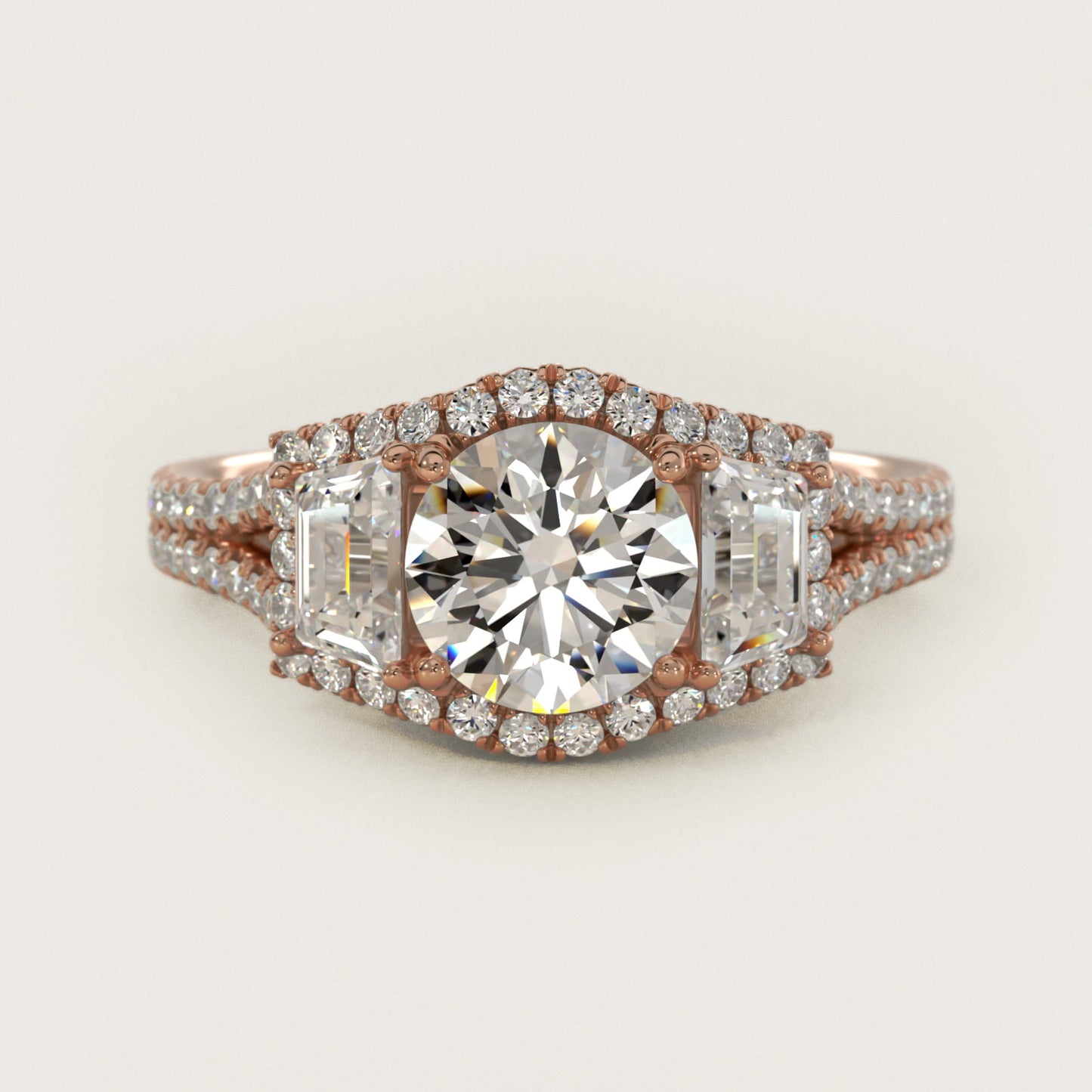 The Gallery Collection™ Vintage Three Stone Trapezoid Diamond Engagement Ring 18k Rose Gold - Round Center