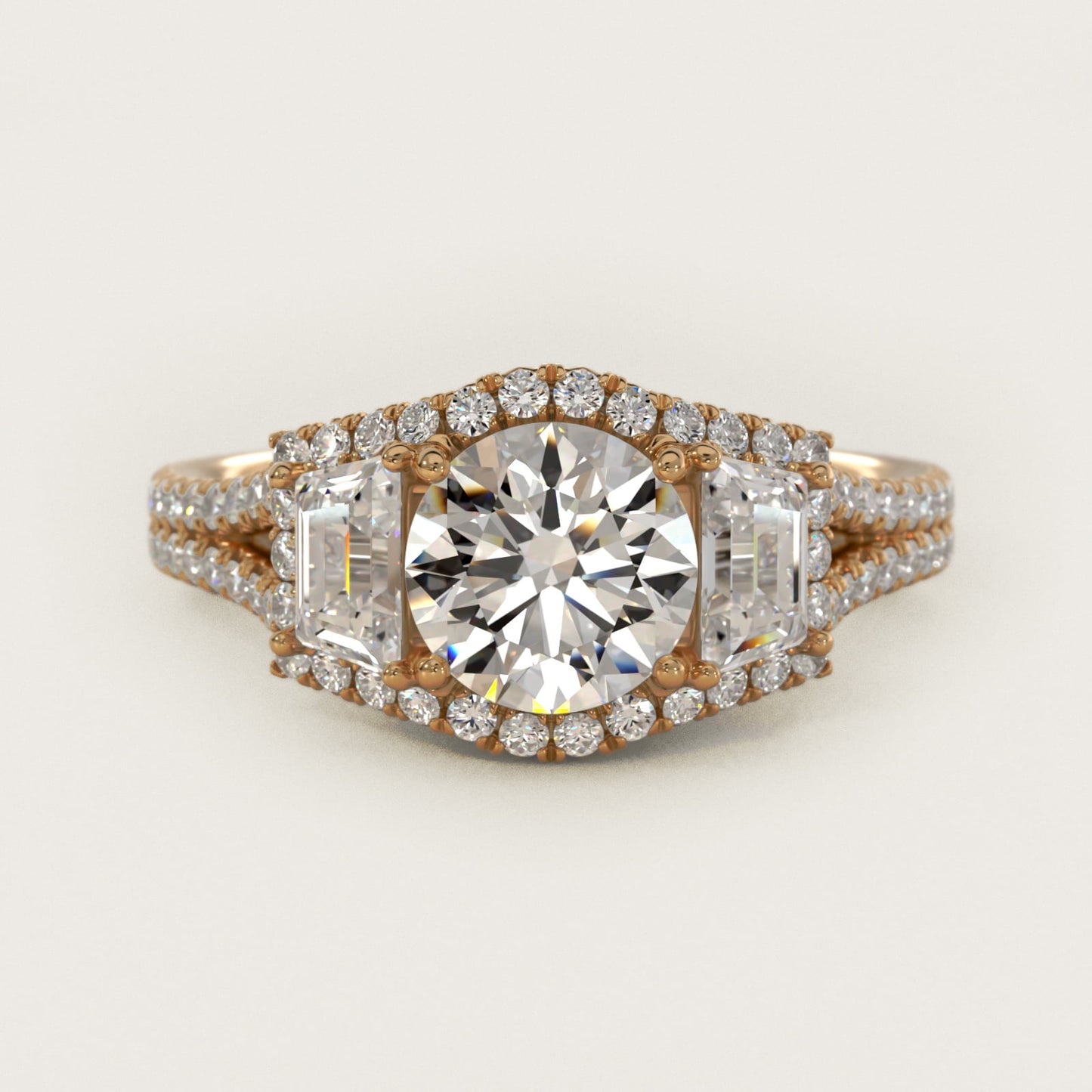 The Gallery Collection™ Vintage Three Stone Trapezoid Diamond Engagement Ring 18k Yellow Gold - Round Center