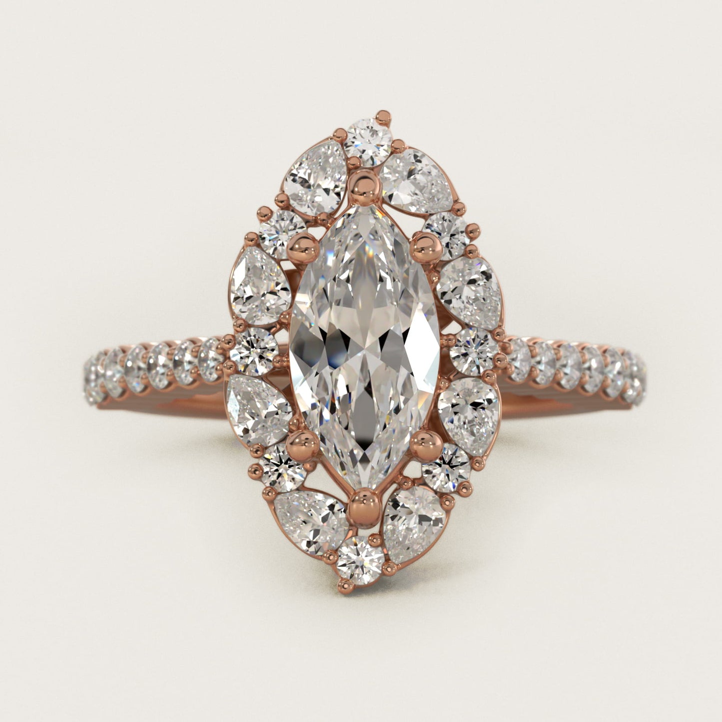 The Ritz Round Halo Diamond Engagement Ring in 18k Rose Gold (3/8 ct. tw.) - Marquise Center
