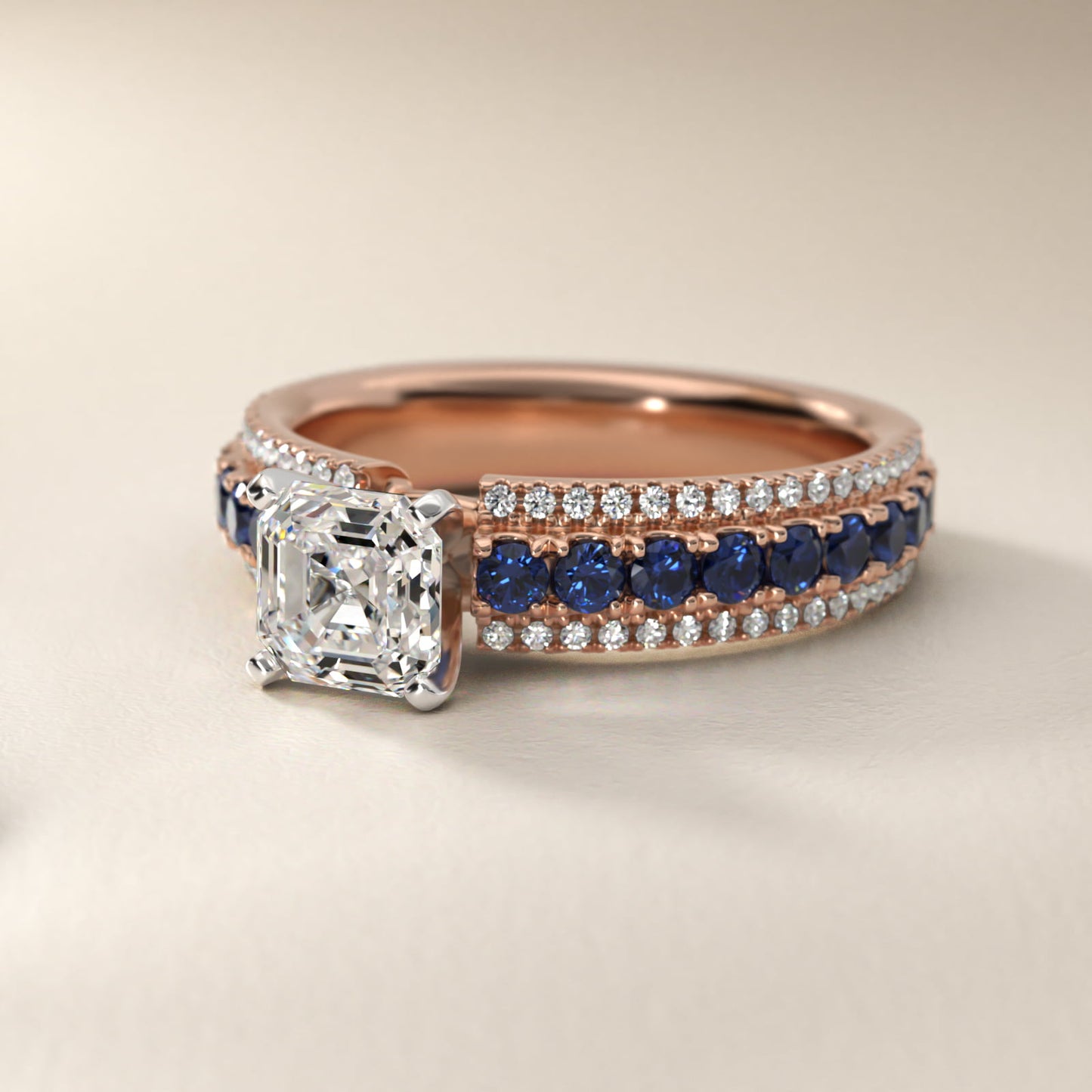 Three Row Sapphire and Diamond Engagement Ring in 14k Rose Gold (1/4 ct. tw.) - Asscher Center