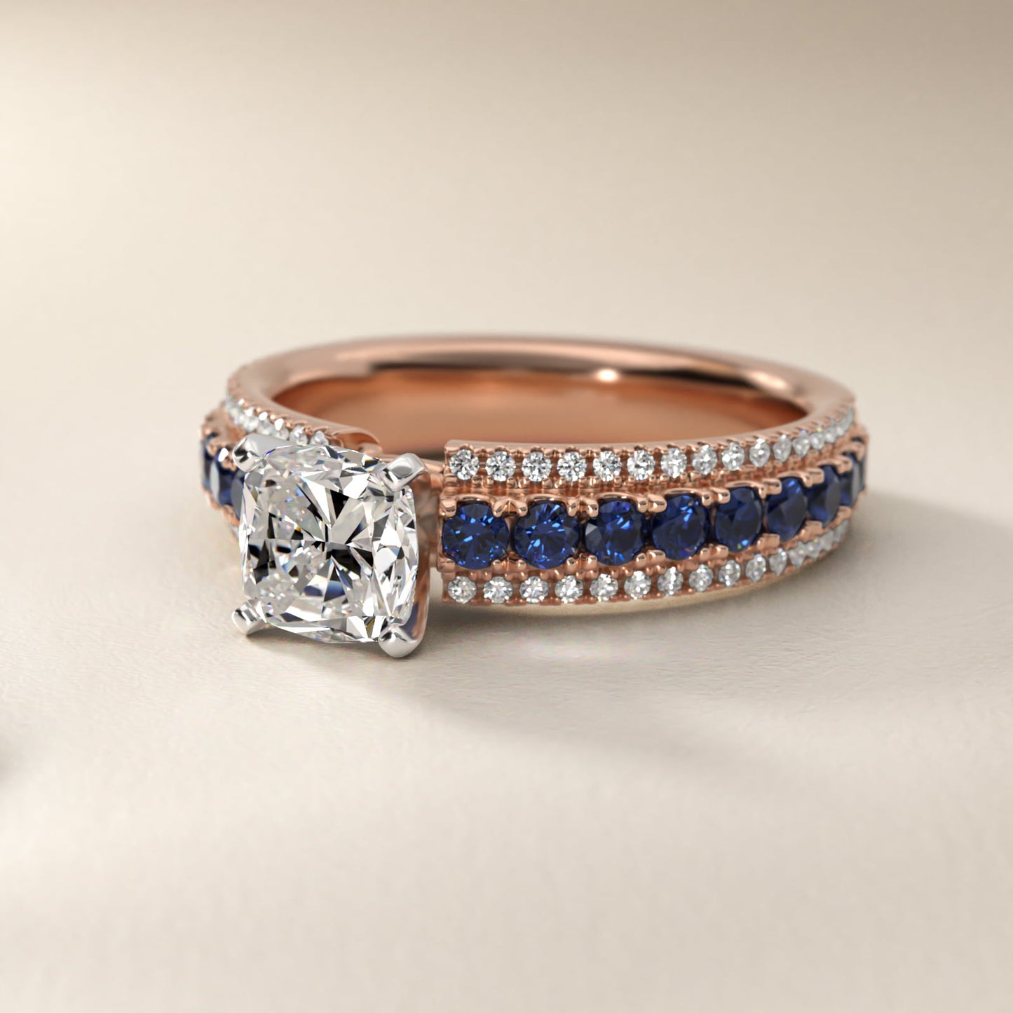 Three Row Sapphire and Diamond Engagement Ring in 14k Rose Gold (1/4 ct. tw.) - Cushion Center