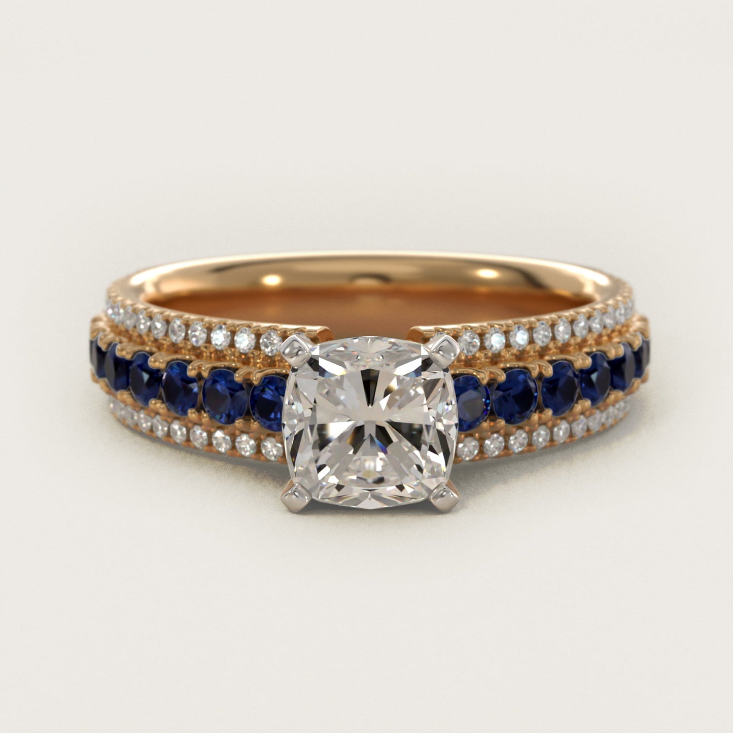 Three Row Sapphire and Diamond Engagement Ring in 14K Yellow Gold (1/4 ct. tw.) - Cushion Center
