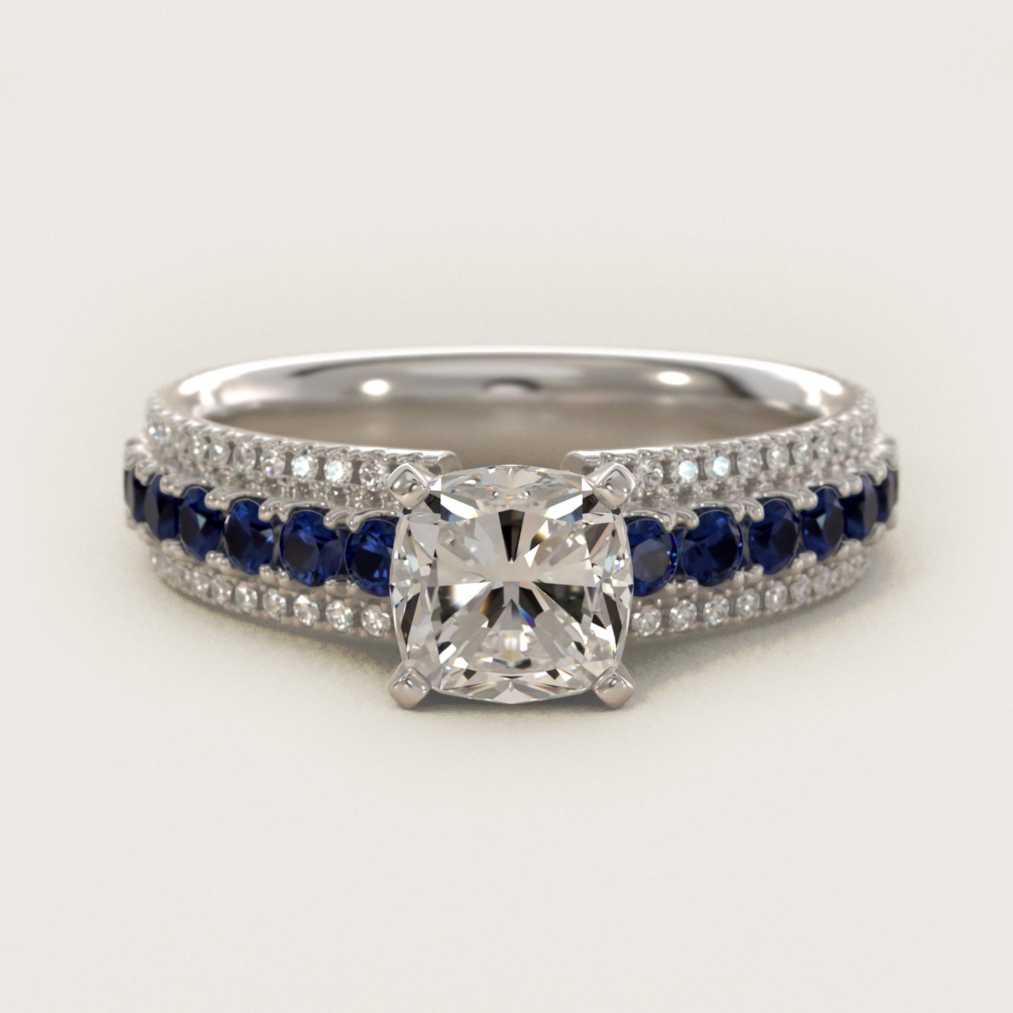 Three Row Sapphire and Diamond Engagement Ring in Platinum (1/4 ct. tw.) - Cushion Center