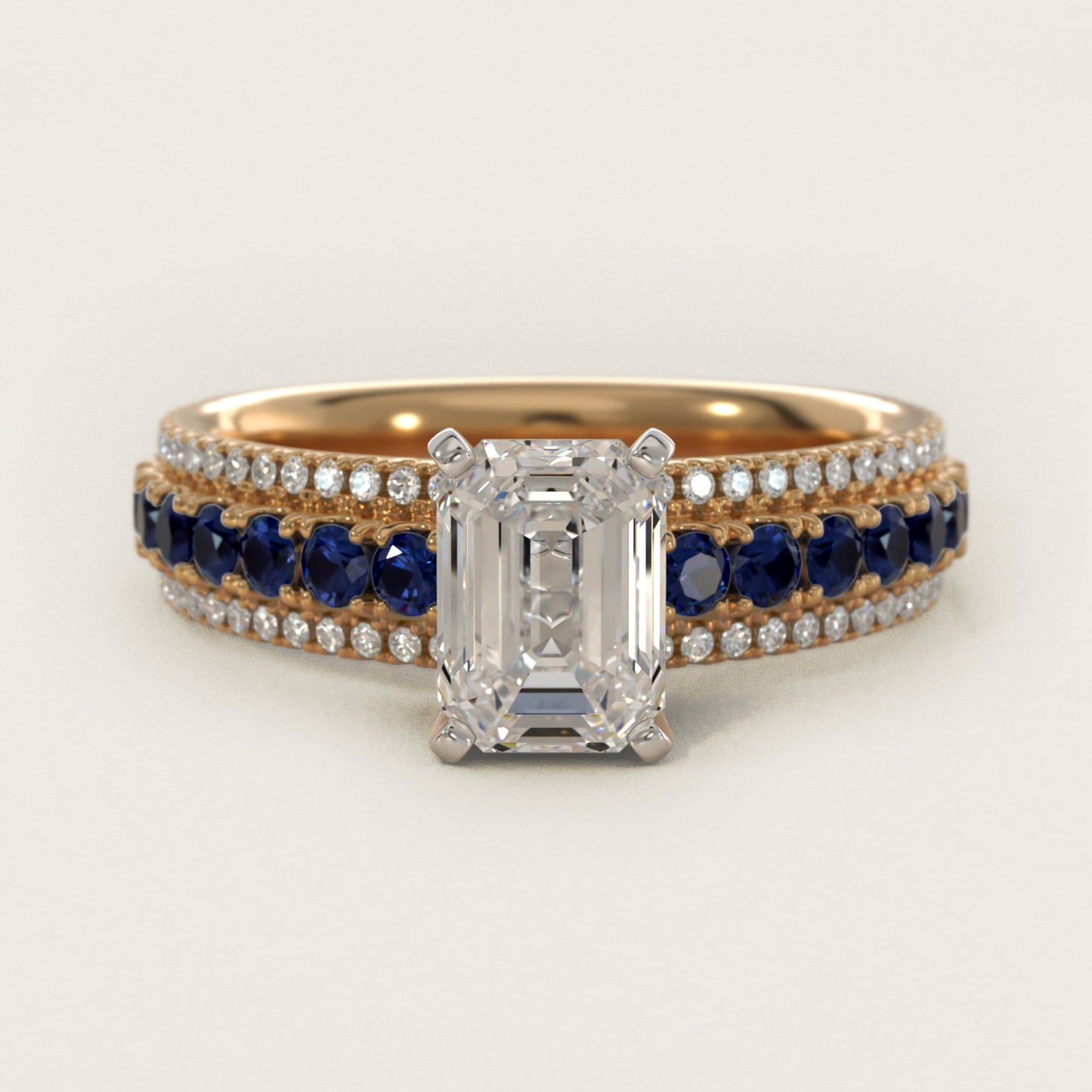 Three Row Sapphire and Diamond Engagement Ring in 14K Yellow Gold (1/4 ct. tw.) - Emerald Center