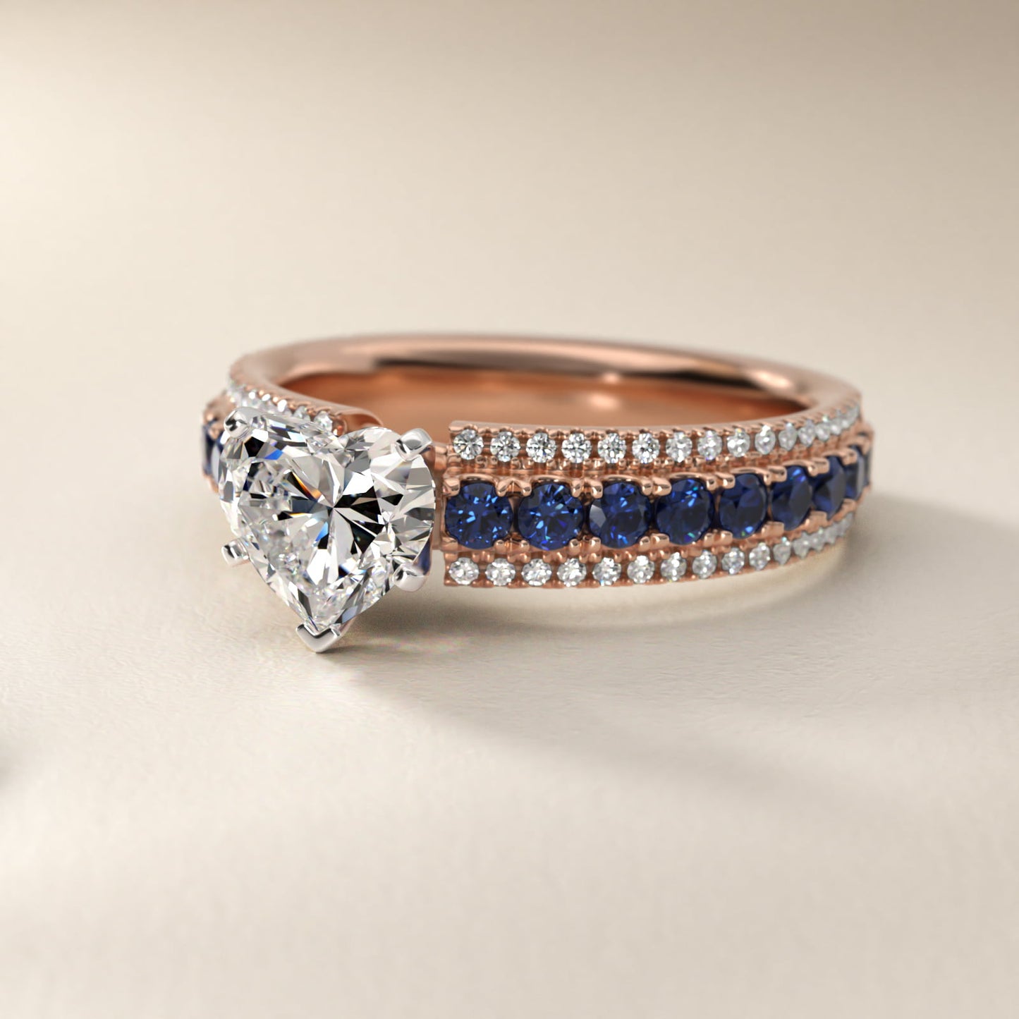 Three Row Sapphire and Diamond Engagement Ring in 18k Rose Gold (1/4 ct. tw.) - Heart Center