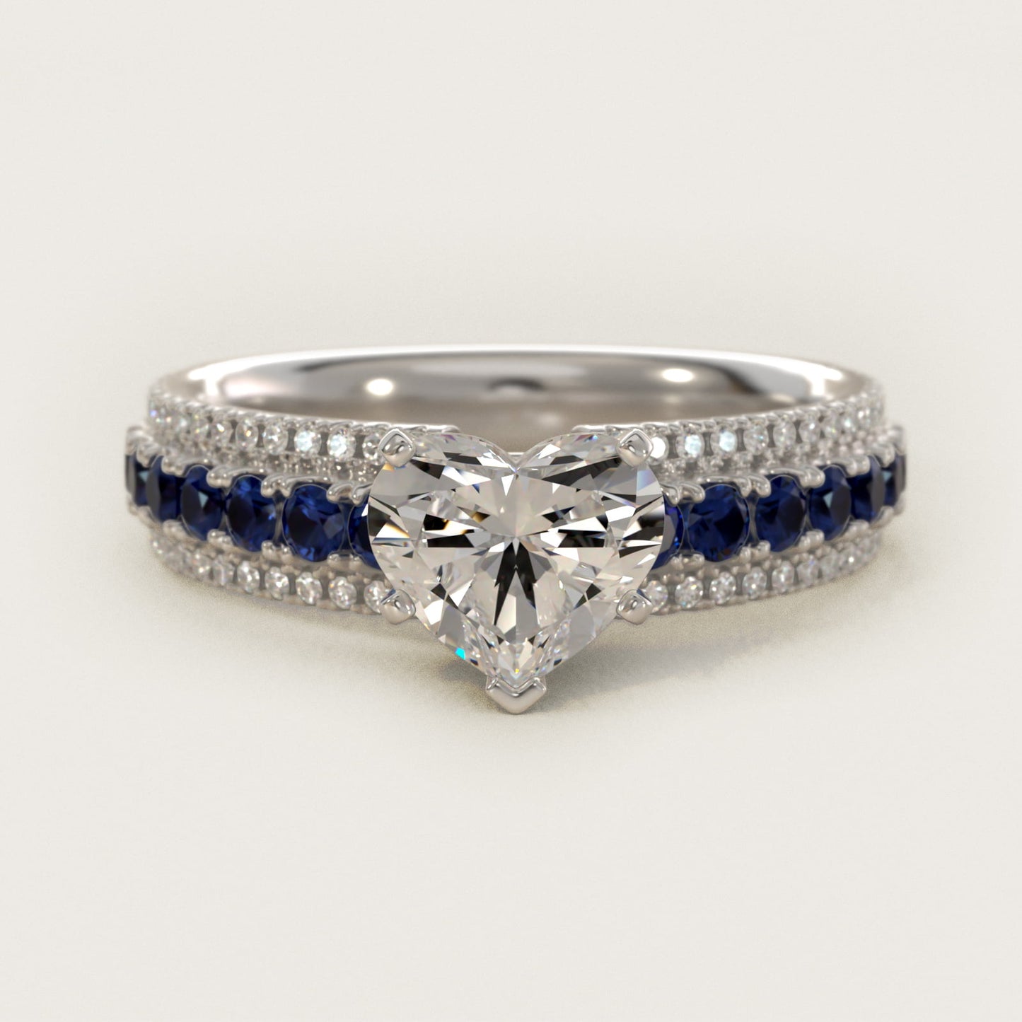 Three Row Sapphire and Diamond Engagement Ring in Platinum (1/4 ct. tw.) - Heart Center