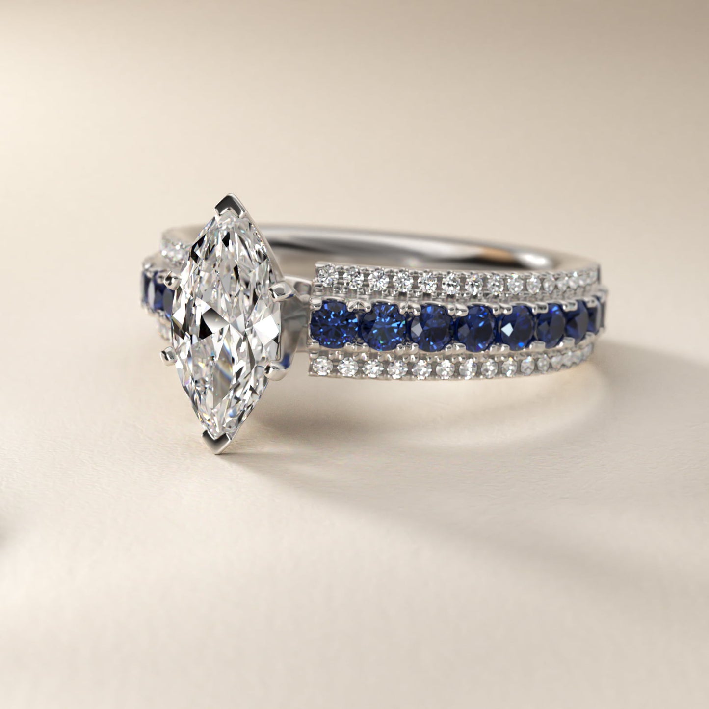 Three Row Sapphire and Diamond Engagement Ring in 14k White Gold (1/4 ct. tw.) - Marquise Center