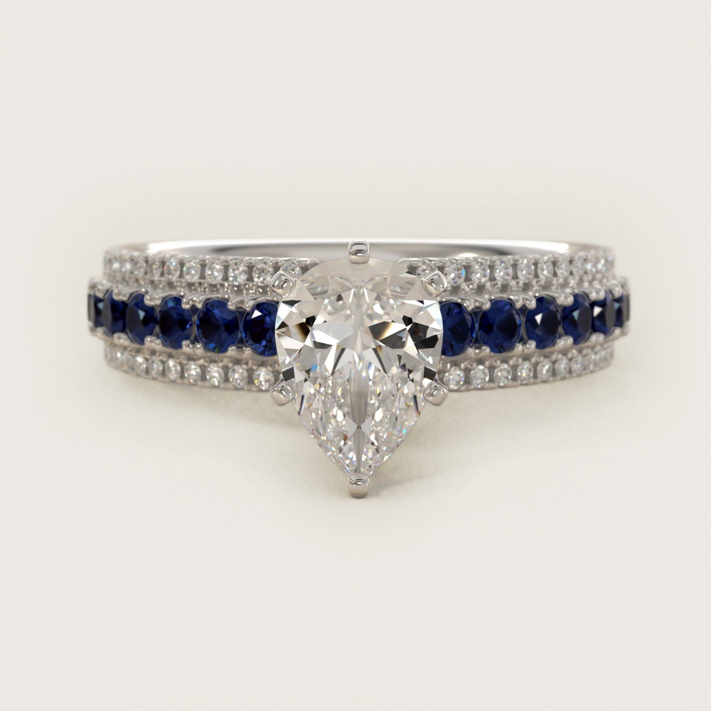 Three Row Sapphire and Diamond Engagement Ring in Platinum (1/4 ct. tw.) - Pear Center