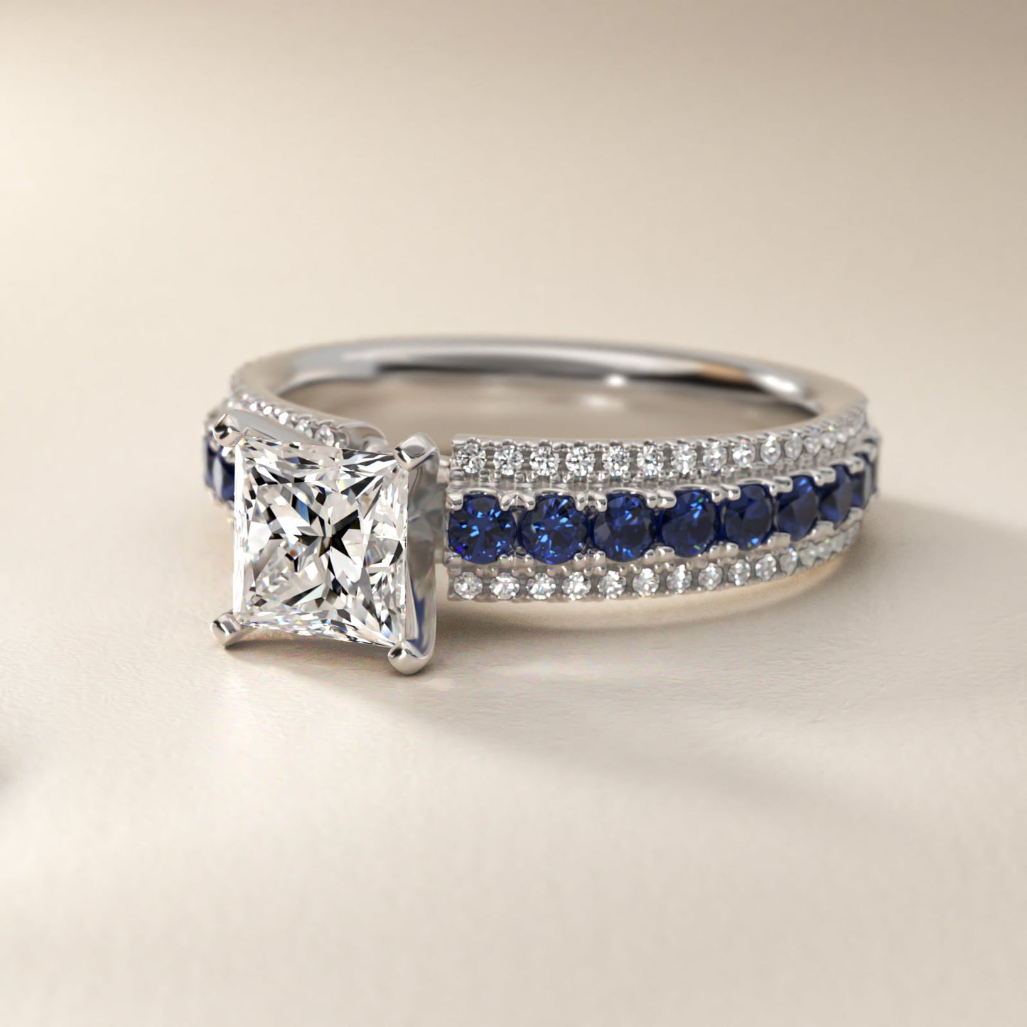Three Row Sapphire and Diamond Engagement Ring in 14k White Gold (1/4 ct. tw.) - Princess Center