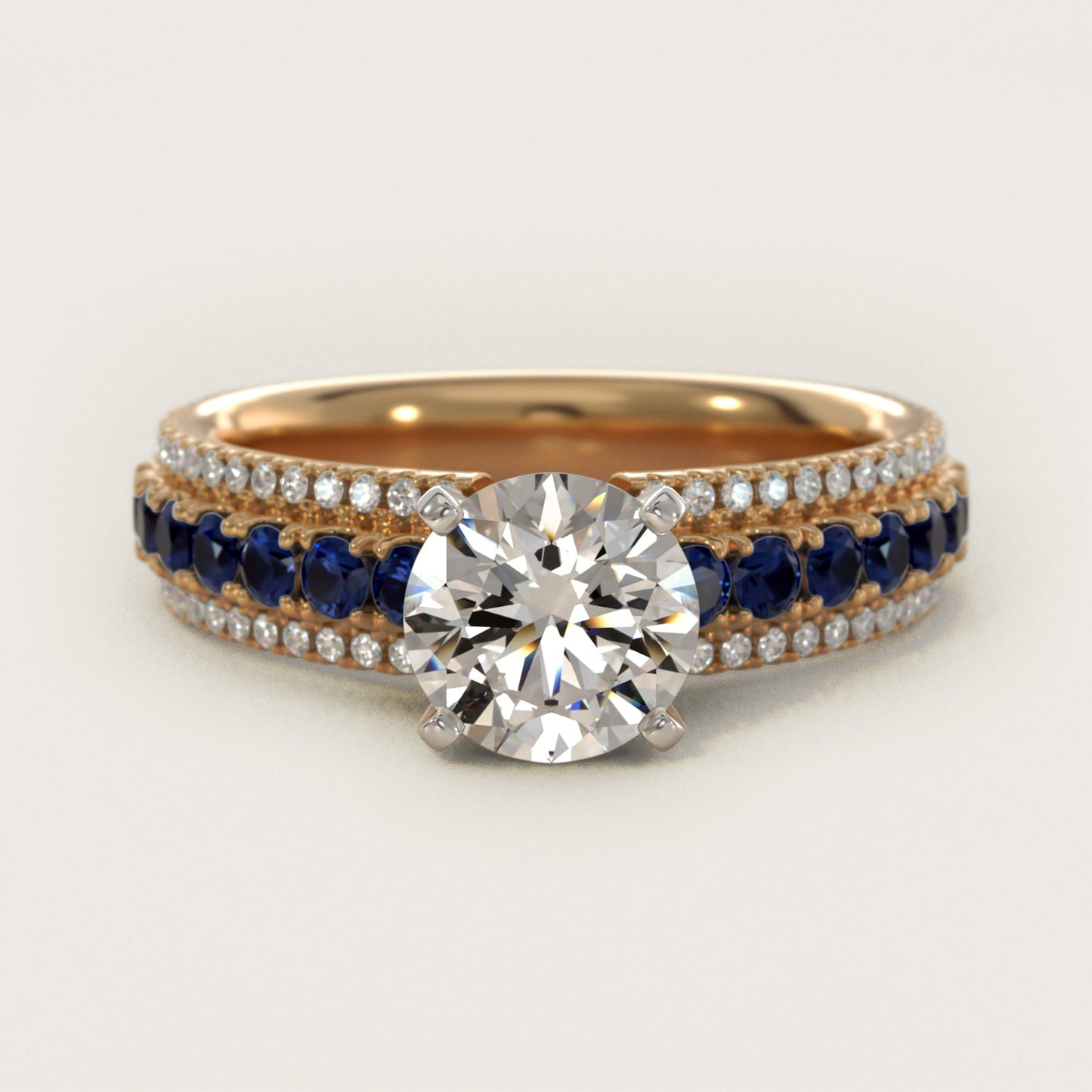 Three Row Sapphire and Diamond Engagement Ring in 18k Yellow Gold (1/4 ct. tw.) - Round Center
