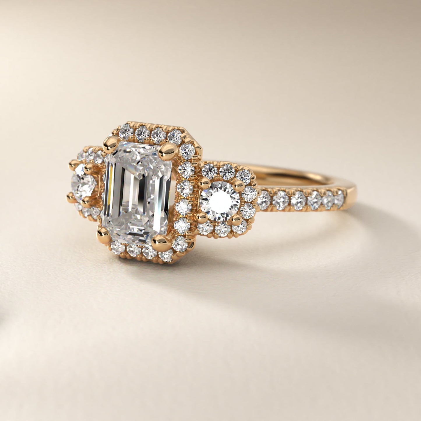 Three-Stone Cushion Halo Diamond Engagement Ring in 18k Yellow Gold - Emerald Center