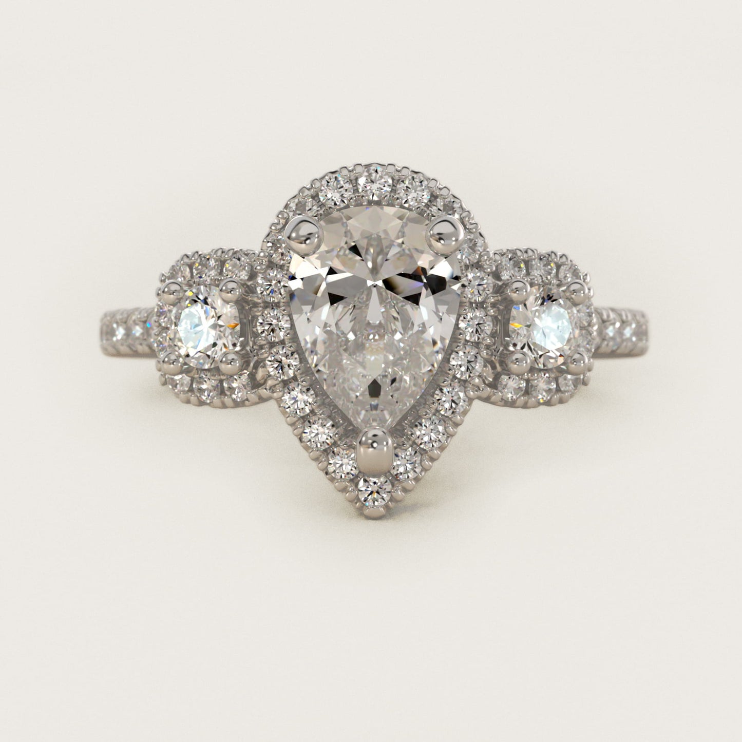 Three-Stone Cushion Halo Diamond Engagement Ring in 18k White Gold - Pear Center