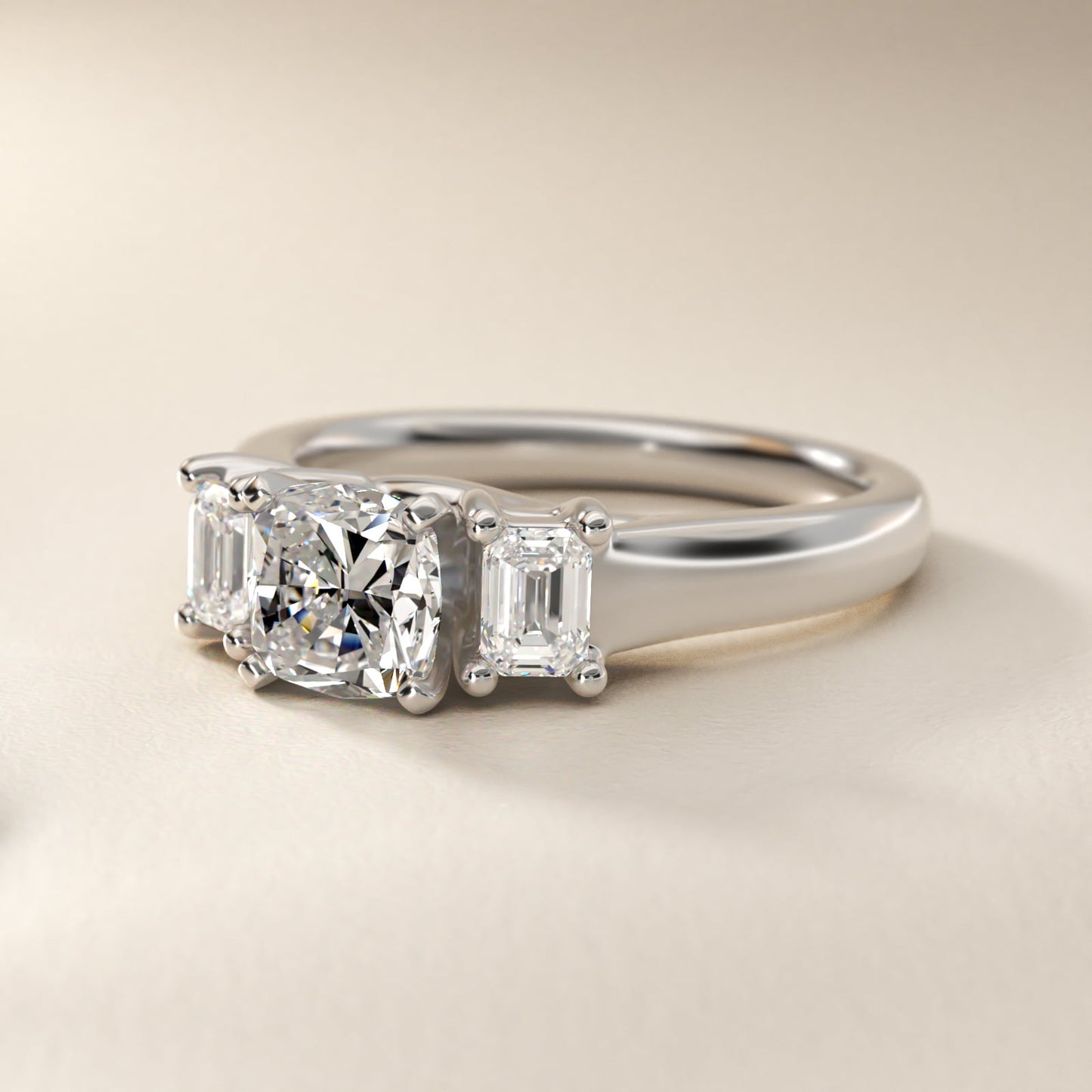 Three-Stone Emerald-Cut Diamond Engagement Ring in 14k White Gold (1/3 ct tw.) By Zac Zac Posen - Cushion Center